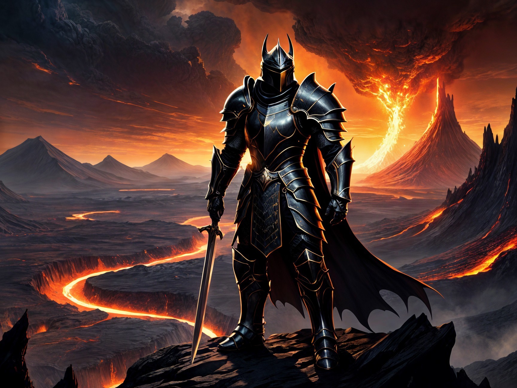 Warrior in Dark Armor Amidst Volcanic Landscape
