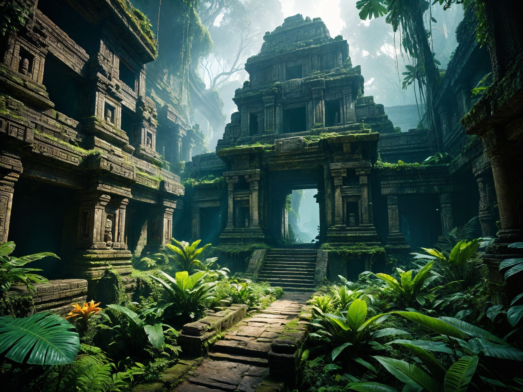 Ancient Stone Ruins Surrounded by Lush Jungle Greenery