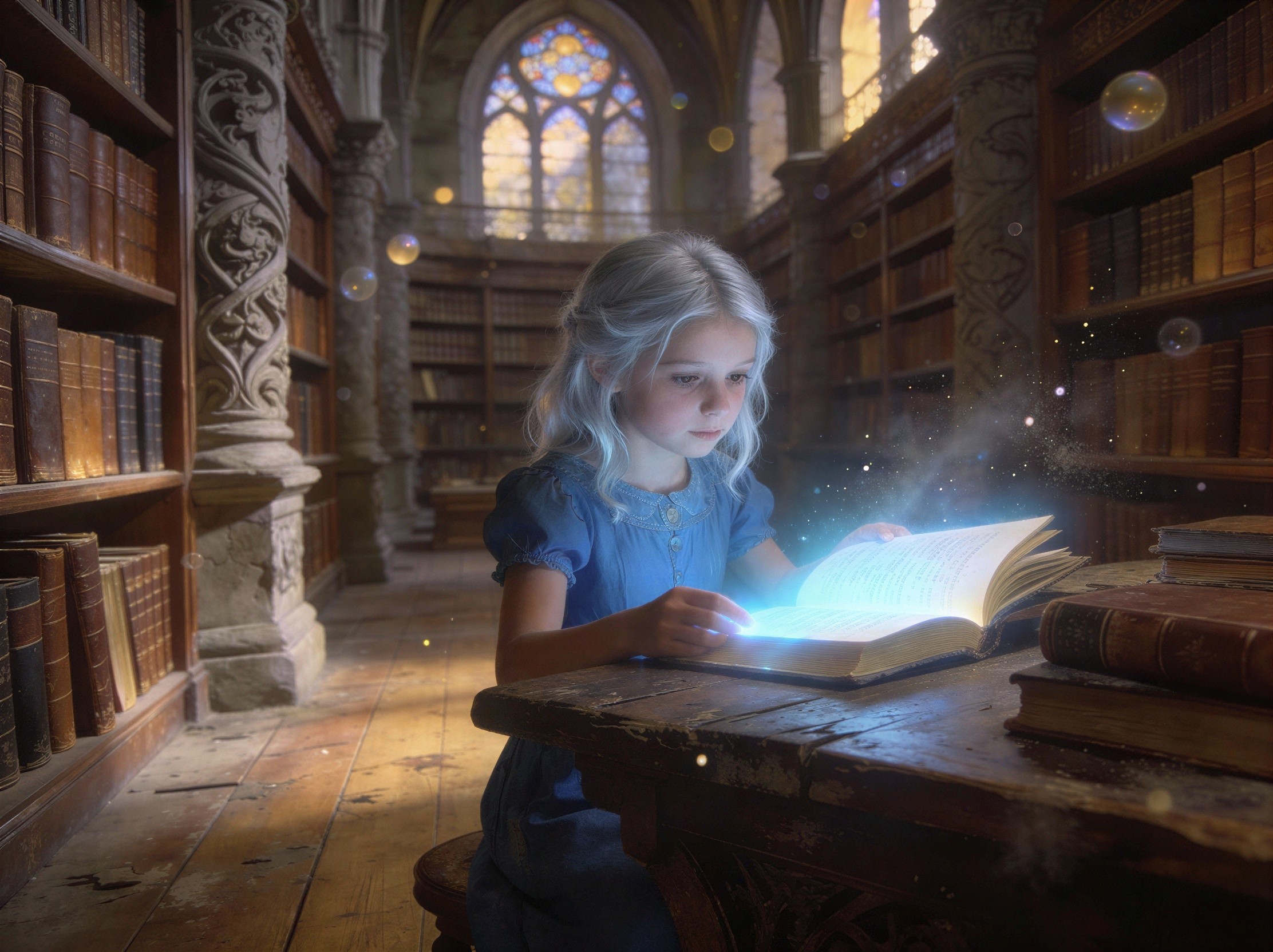 Young girl reading in a magical library setting