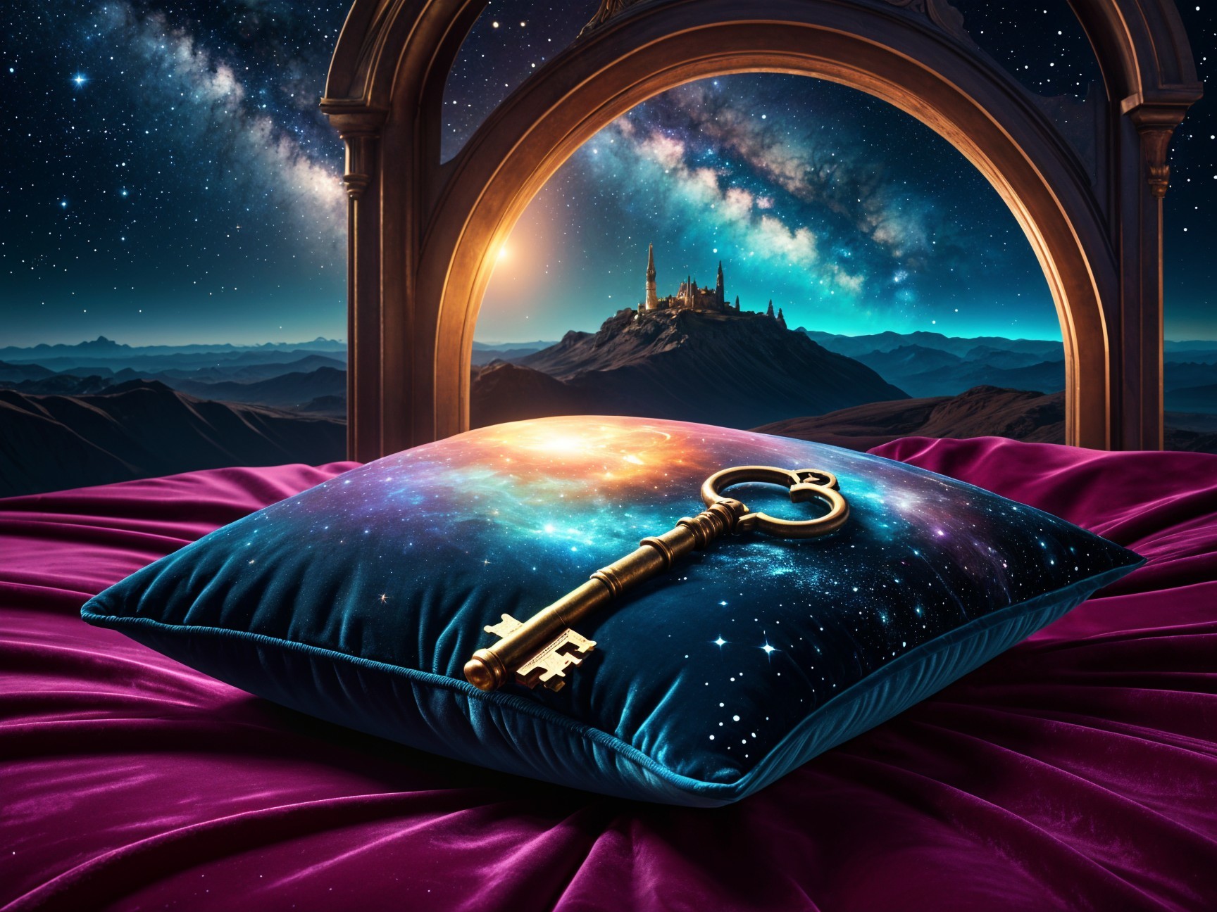 Cosmic Cushion on Purple Bedspread with Night Landscape
