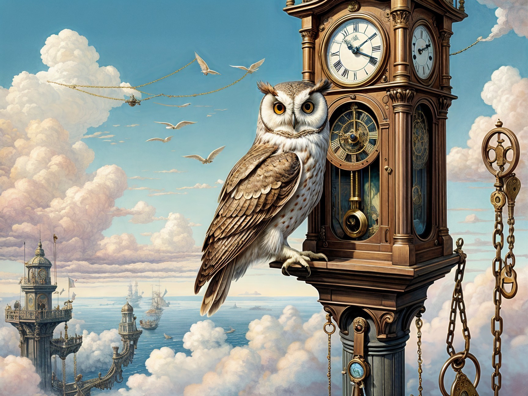 Majestic owl atop clock tower with steampunk airships