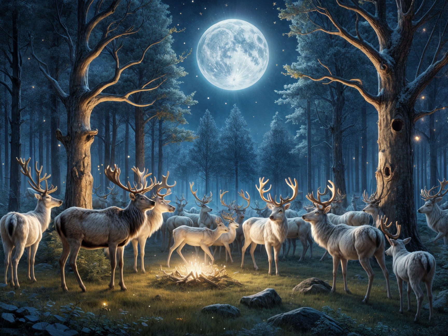 Majestic deer by a campfire in a moonlit forest