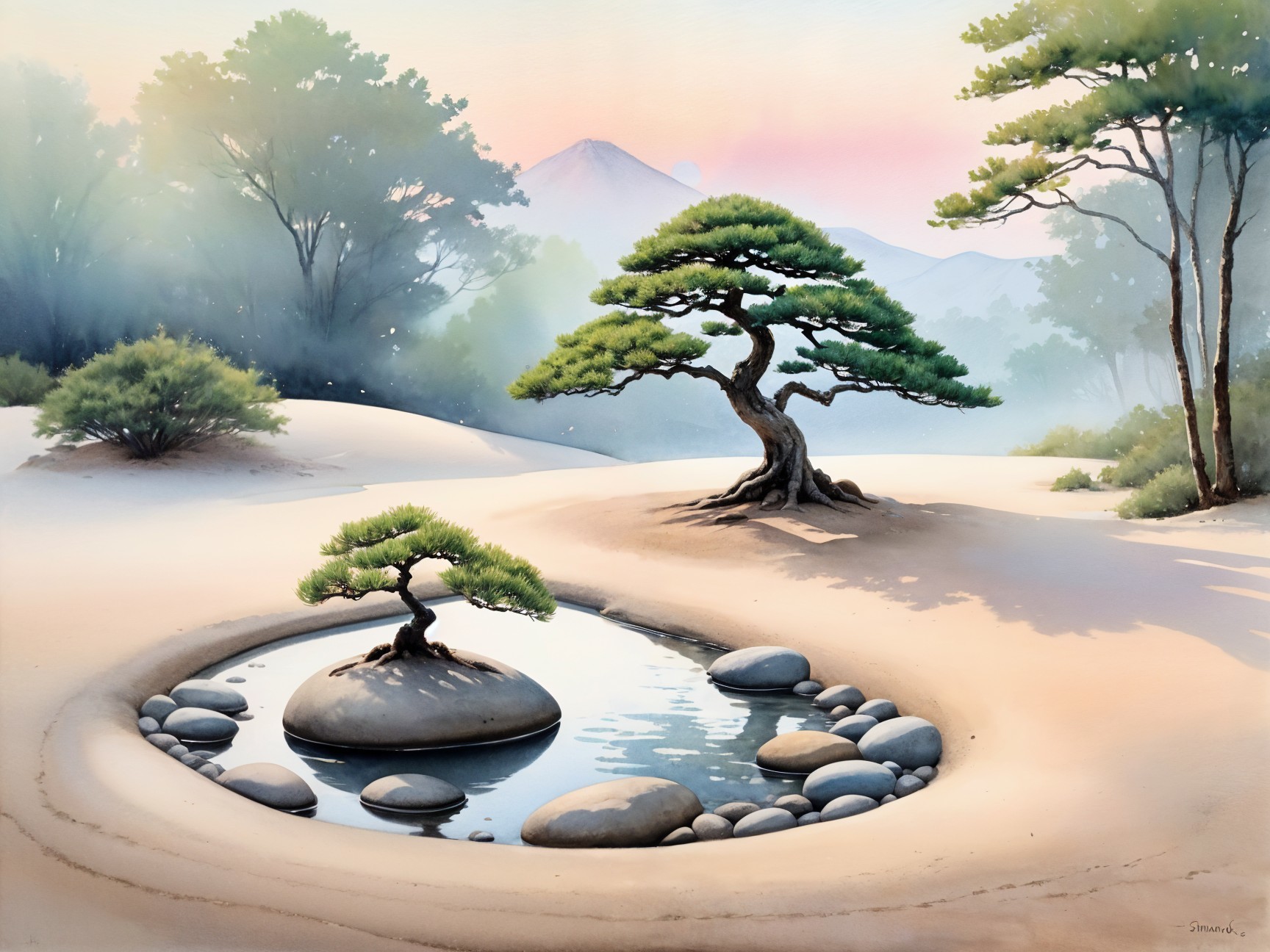 Tranquil Landscape with Pine Trees and Calm Pool