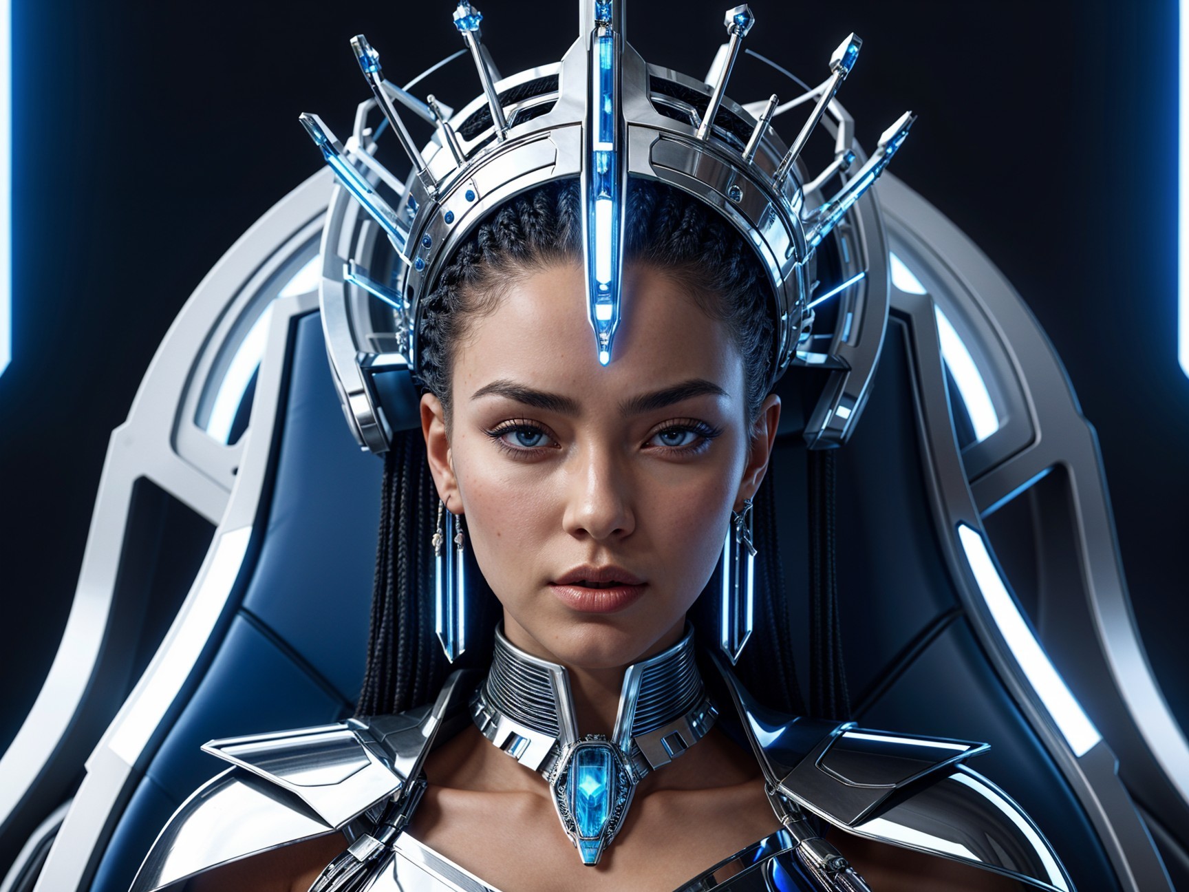 Futuristic figure in metallic armor with glowing backdrop