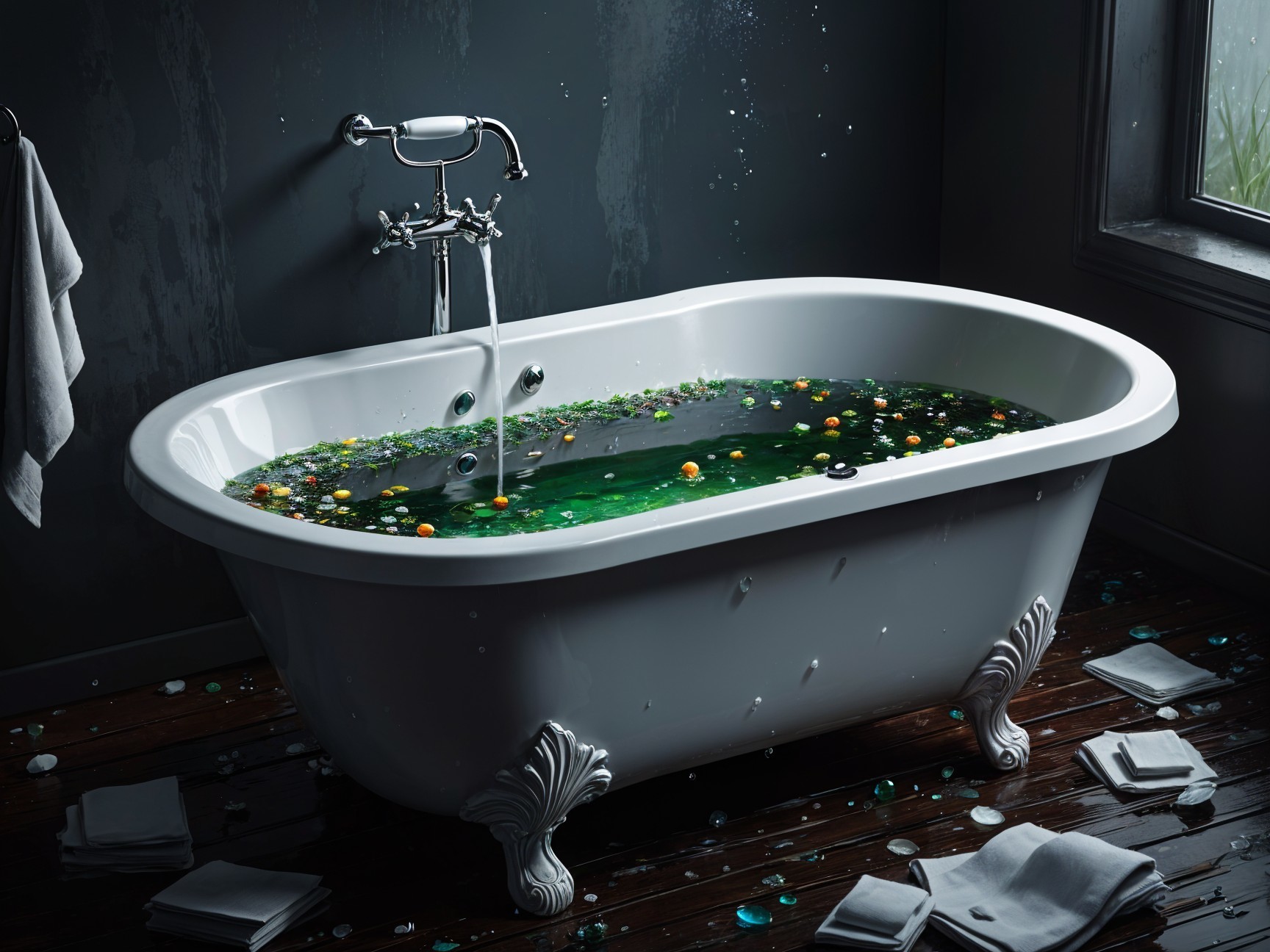 Vintage Clawfoot Bathtub with Green Water and Petals