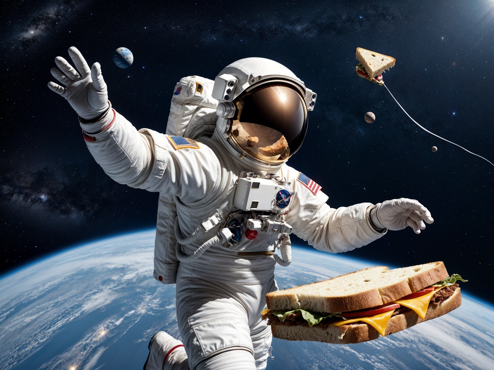 Astronaut Gliding in Space with Giant Sandwiches