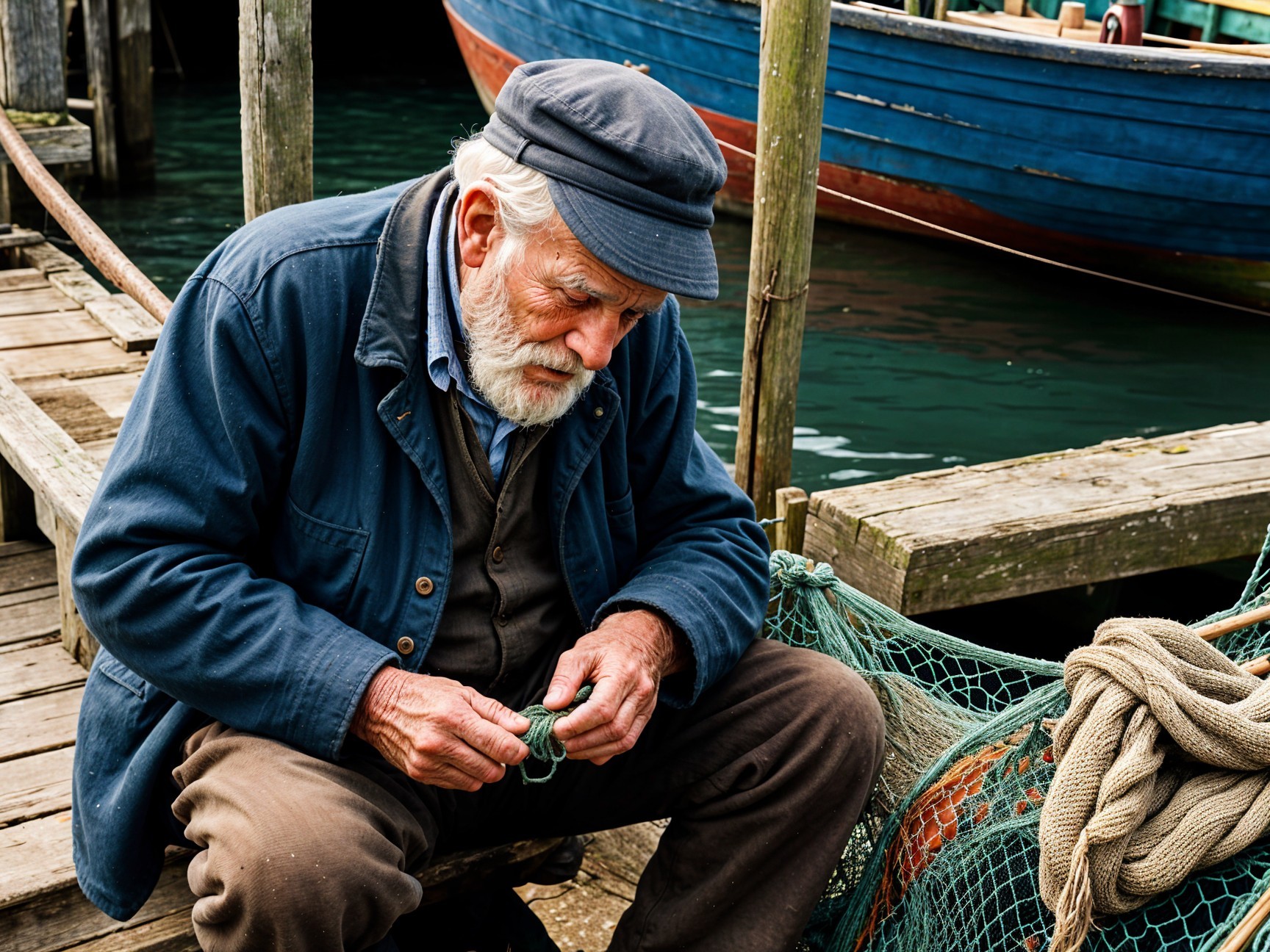 Elderly Fisherman Working on Nets at Rustic Dock