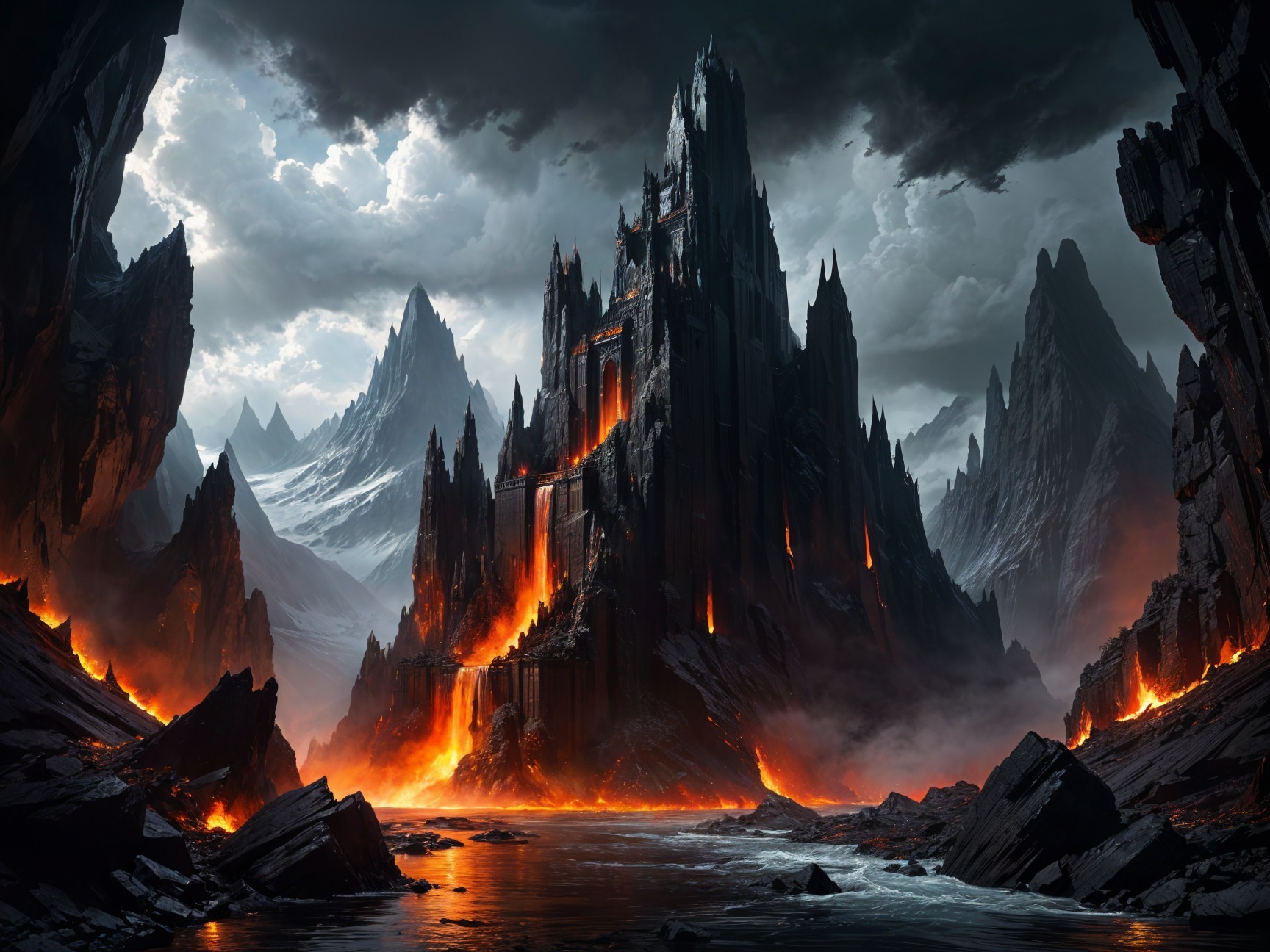 Dramatic Landscape with Dark Fortress and Lava Rivers