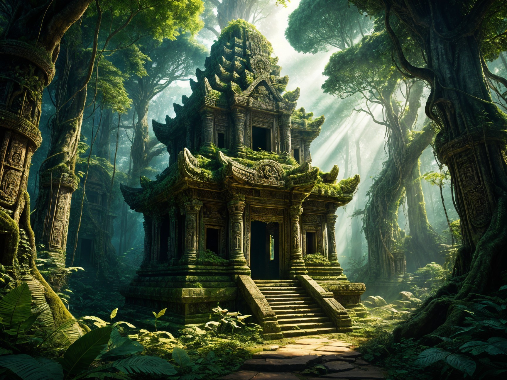 Ancient temple surrounded by dense jungle foliage