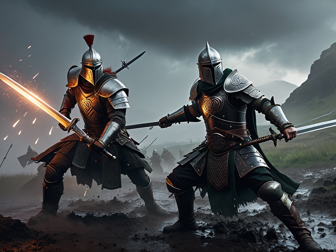 Armored Knights in Intense Battlefield Combat Scene