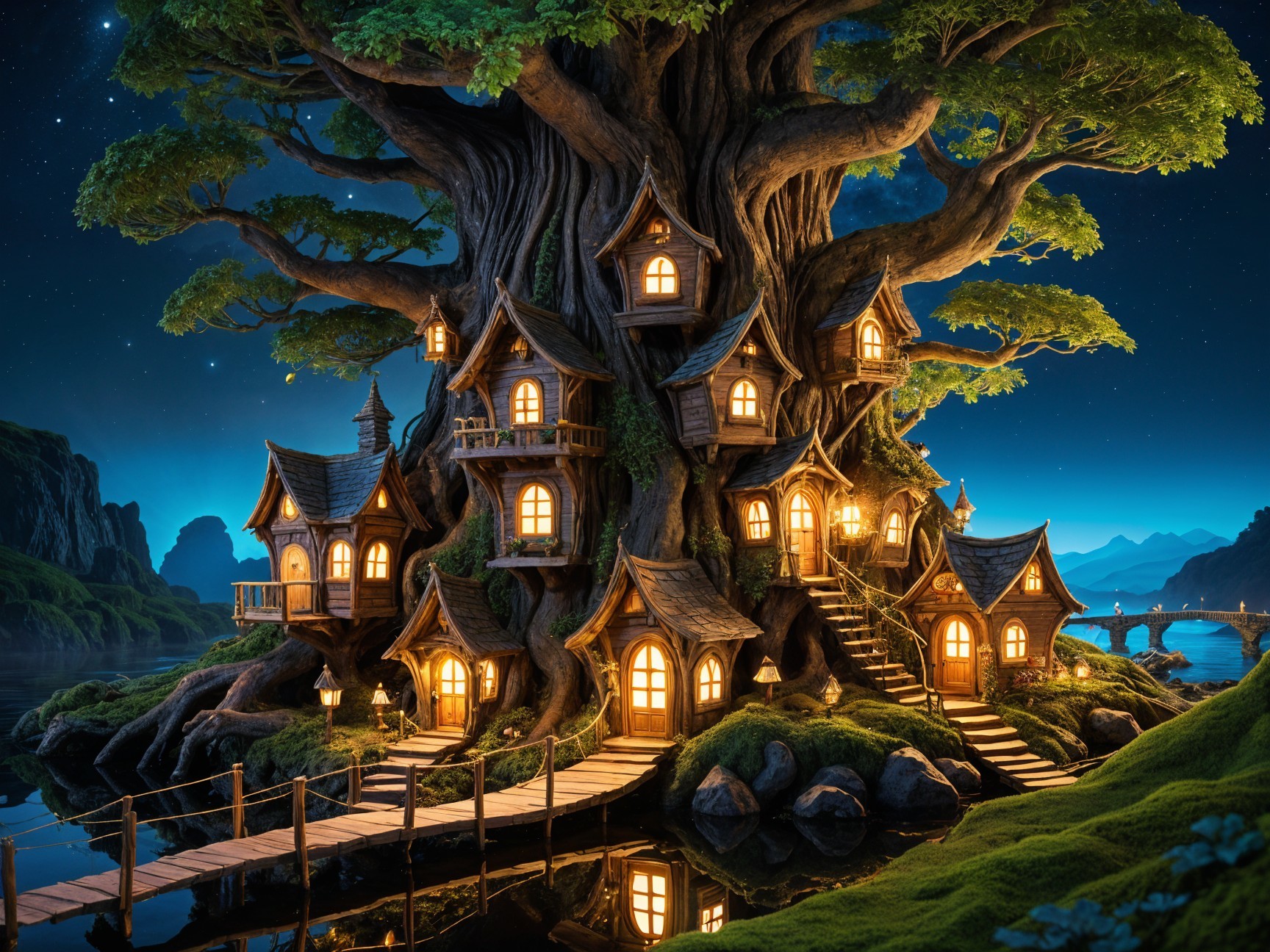 Whimsical Treehouse Village Under a Starry Sky