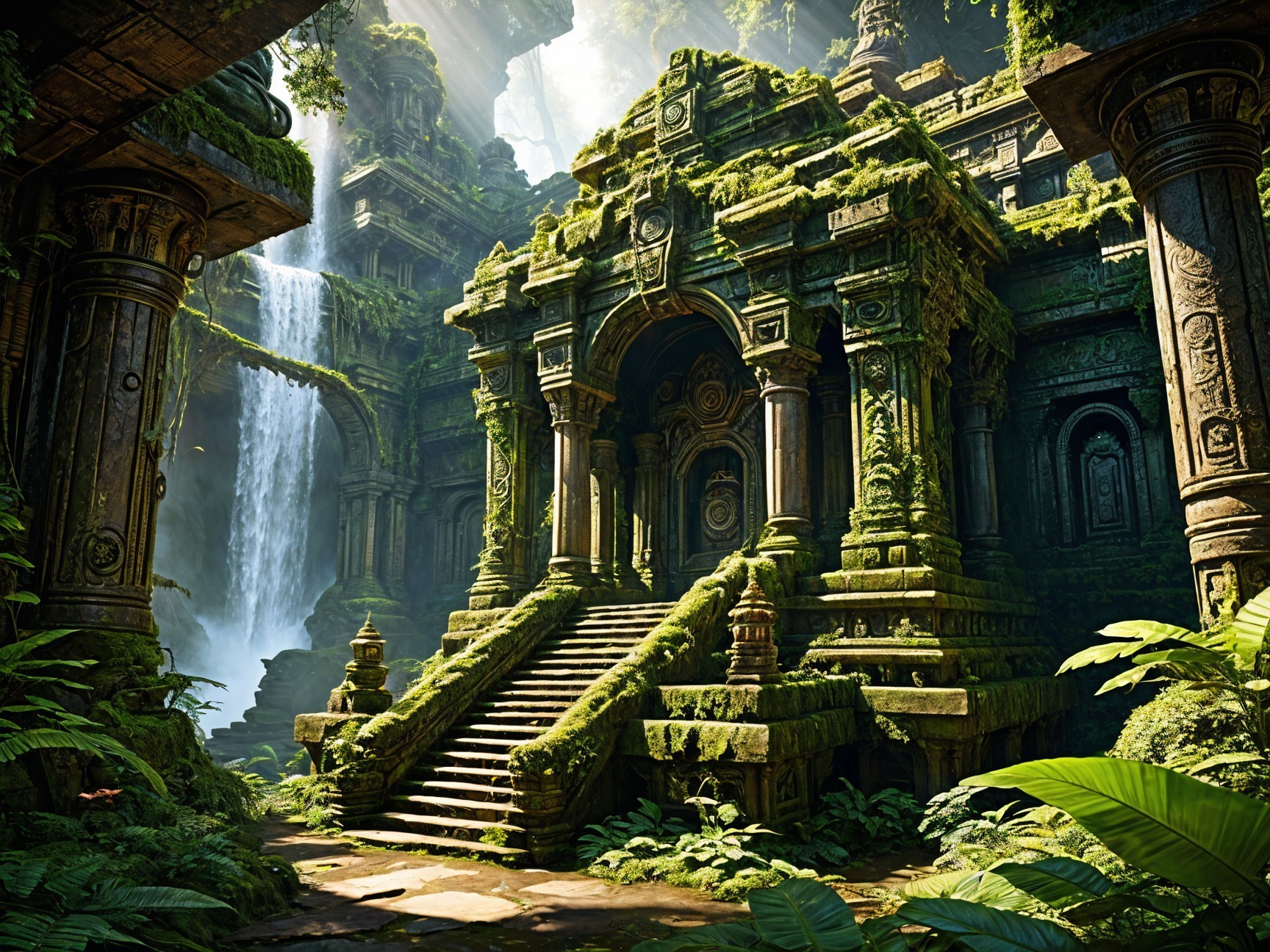 Ancient Temple Surrounded by Lush Greenery and Waterfalls