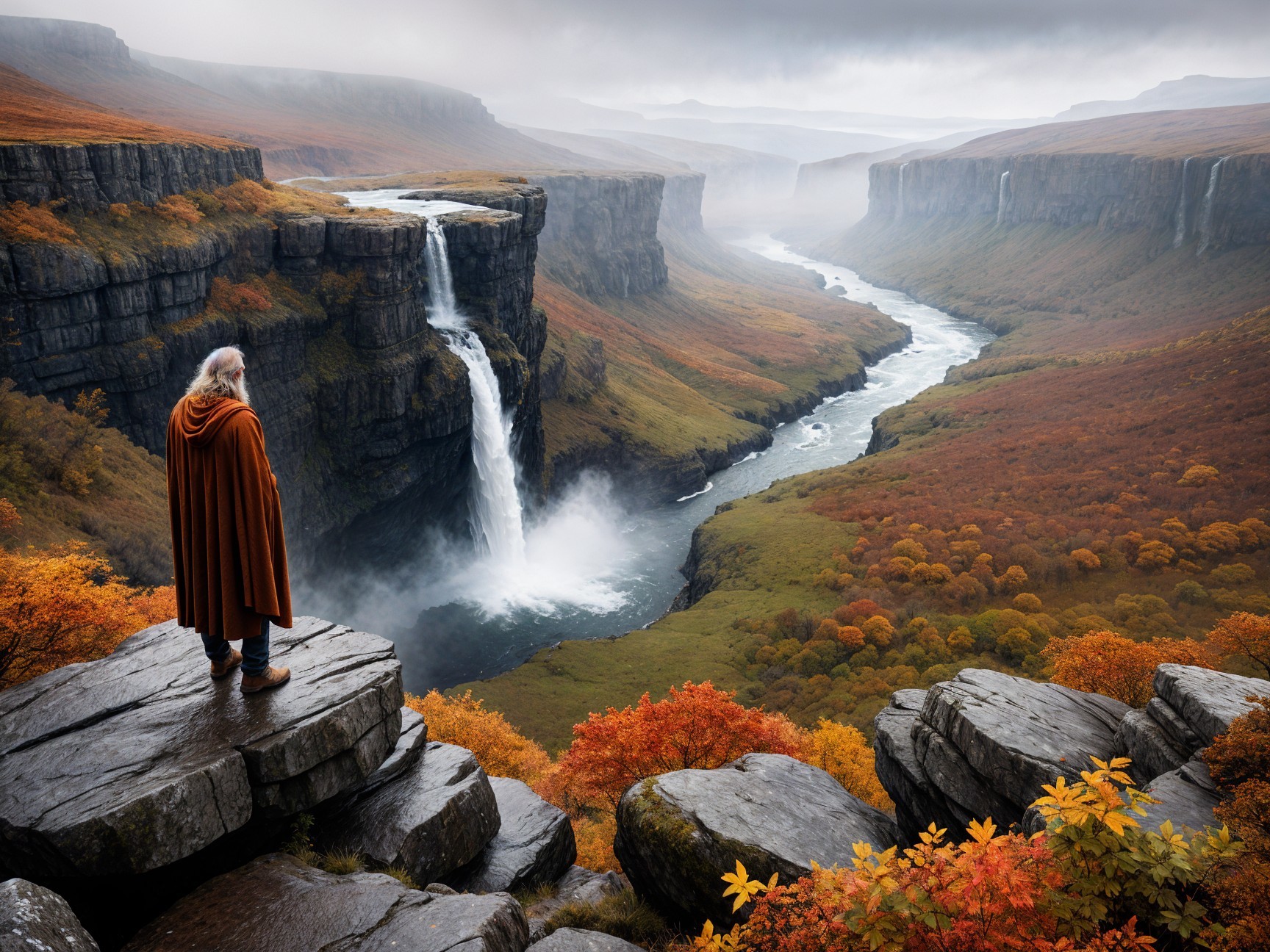 Lone Figure Overlooking Autumn Valley and Waterfall