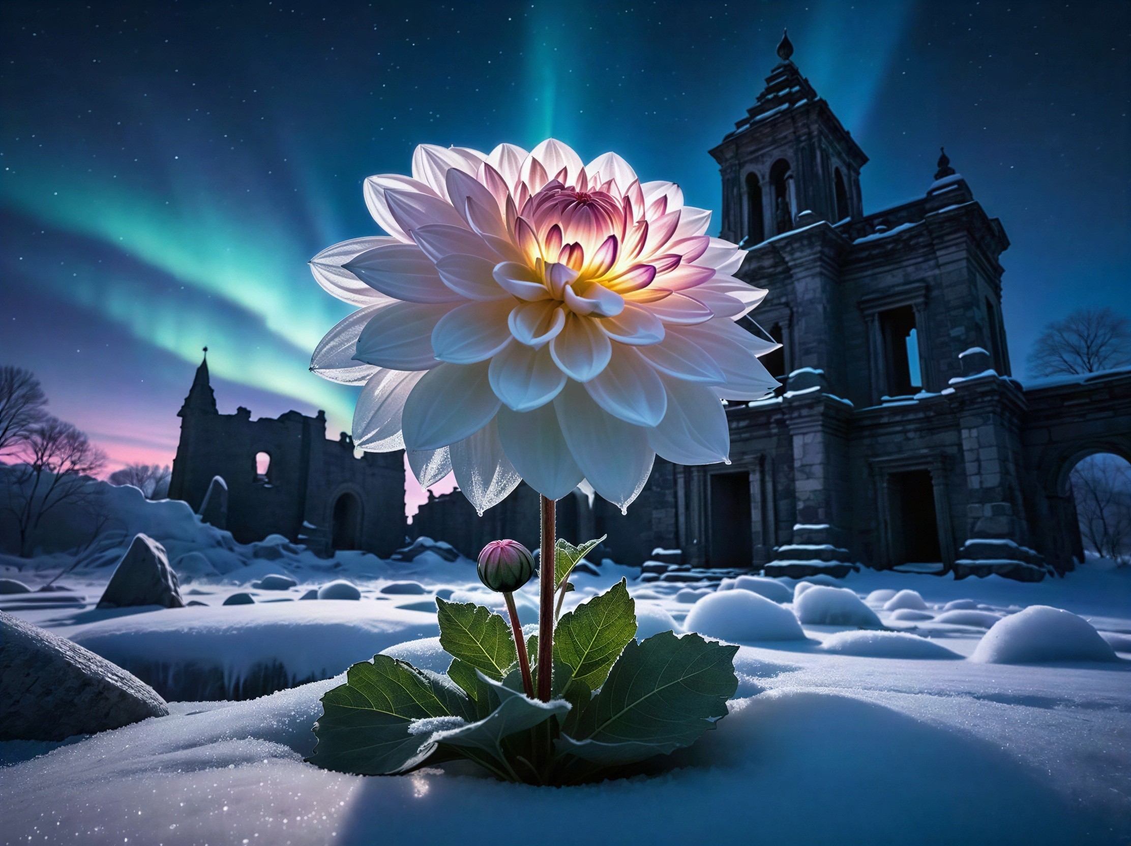 Glowing White Dahlia in Snowy Landscape with Ruins