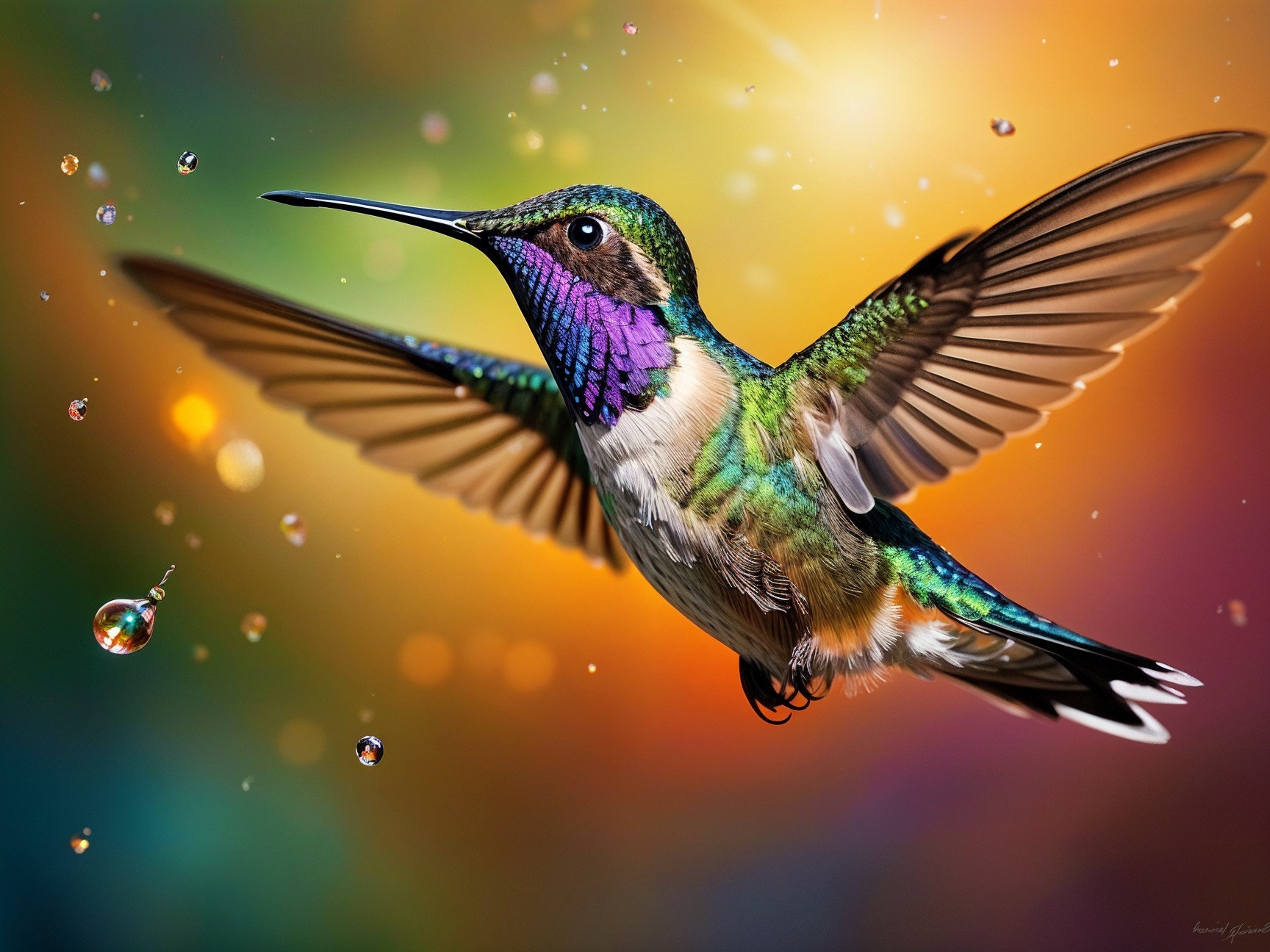 Vibrant Hummingbird in Mid-Flight with Colorful Background
