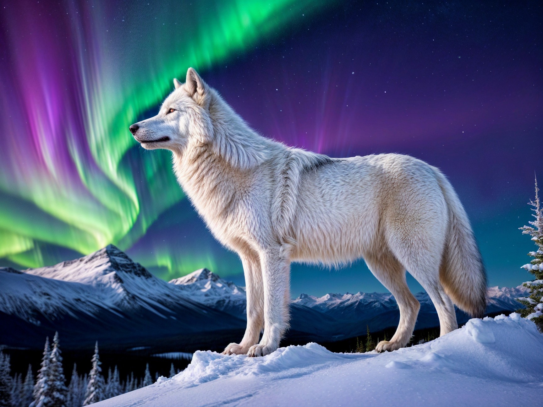 Majestic white wolf on snowy mountain with northern lights