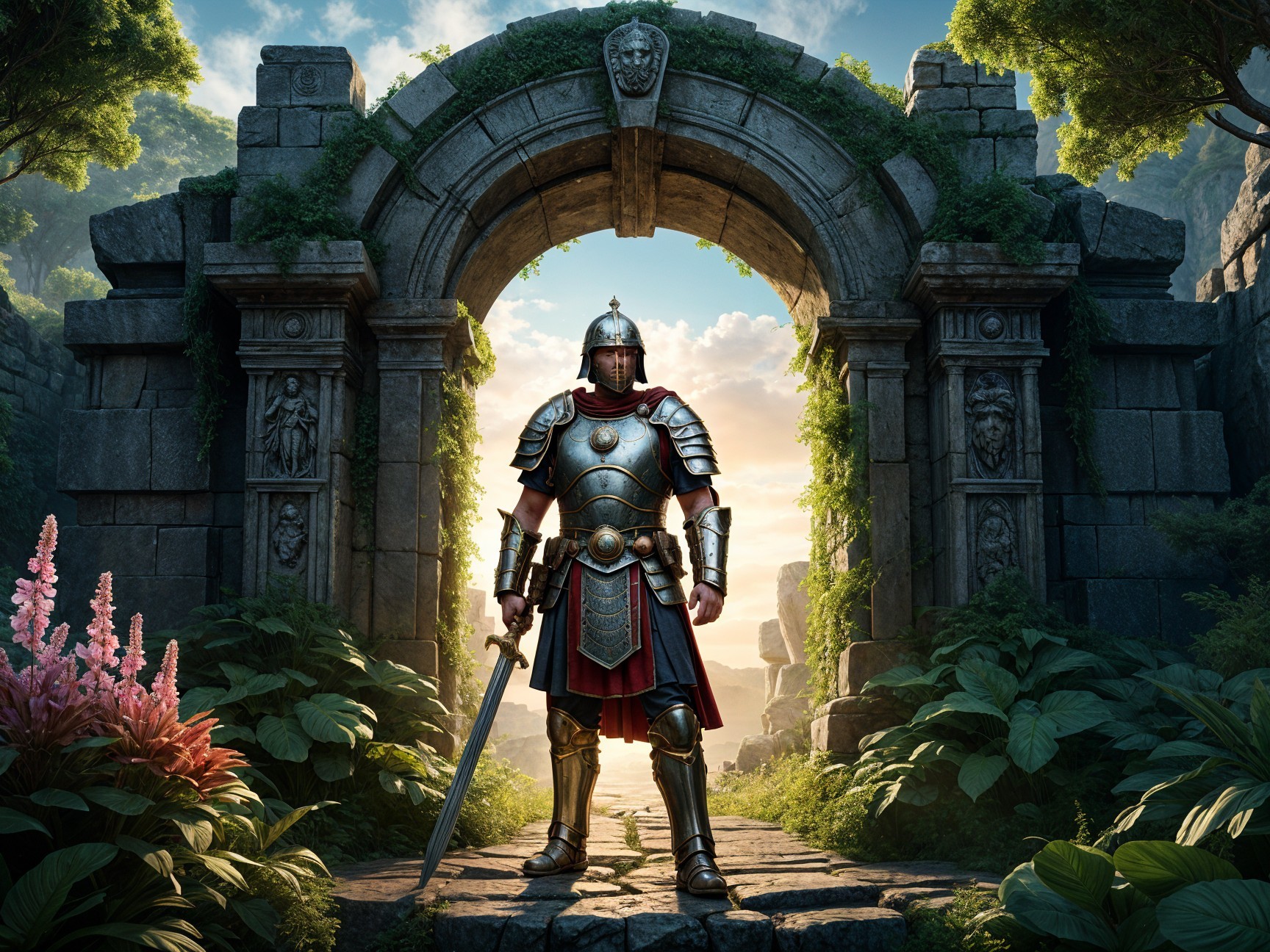 Armored Warrior Under Ancient Stone Archway