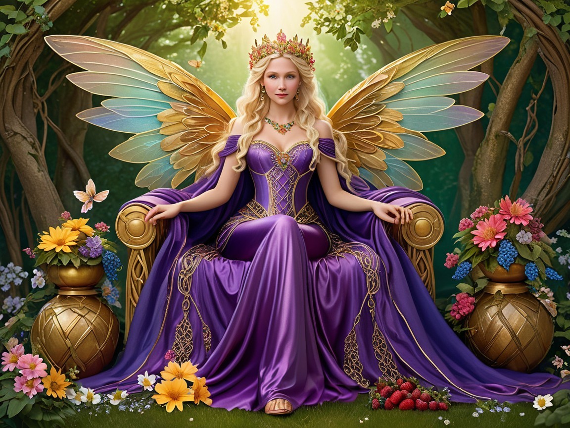 Regal fairy on golden throne in enchanted forest