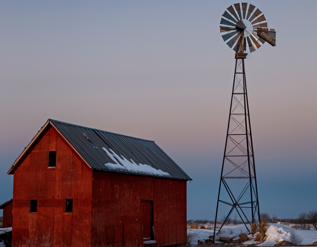 Rustic Barn and Windmill Under Twilight Sky