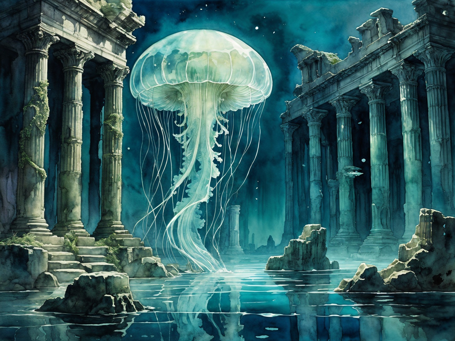 Luminous Jellyfish in Moonlit Underwater Ruins