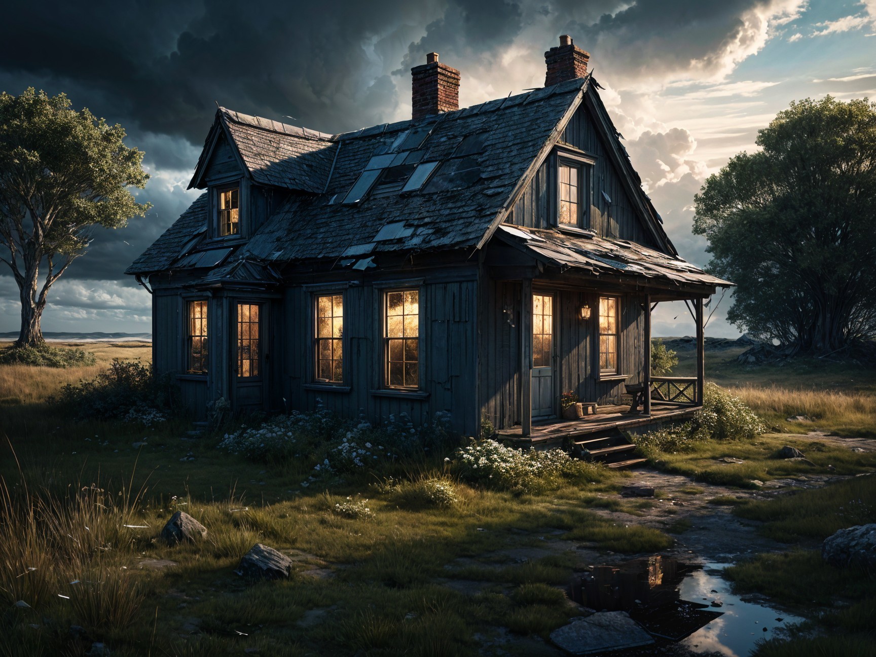 Weathered Cottage in Grassy Landscape Under Dramatic Sky