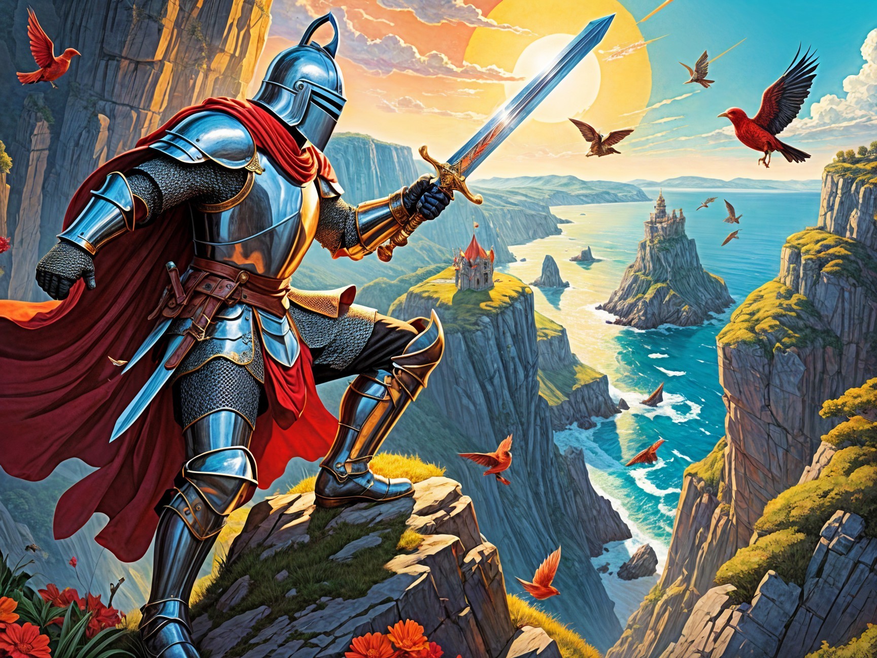 Knight on Cliff with Sword at Sunrise Over Coastline