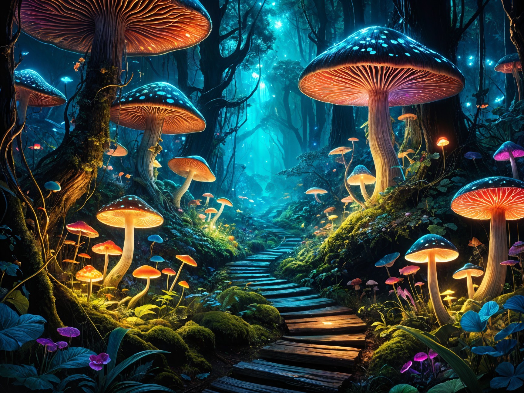 Magical Forest with Bioluminescent Fungi and Mushrooms