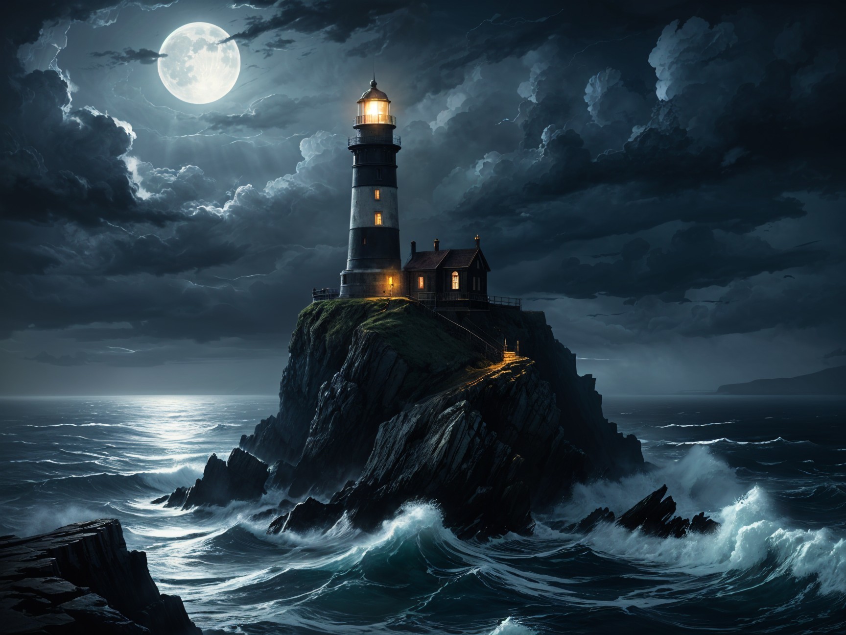 Lighthouse on Cliff Under Moonlit Stormy Sky