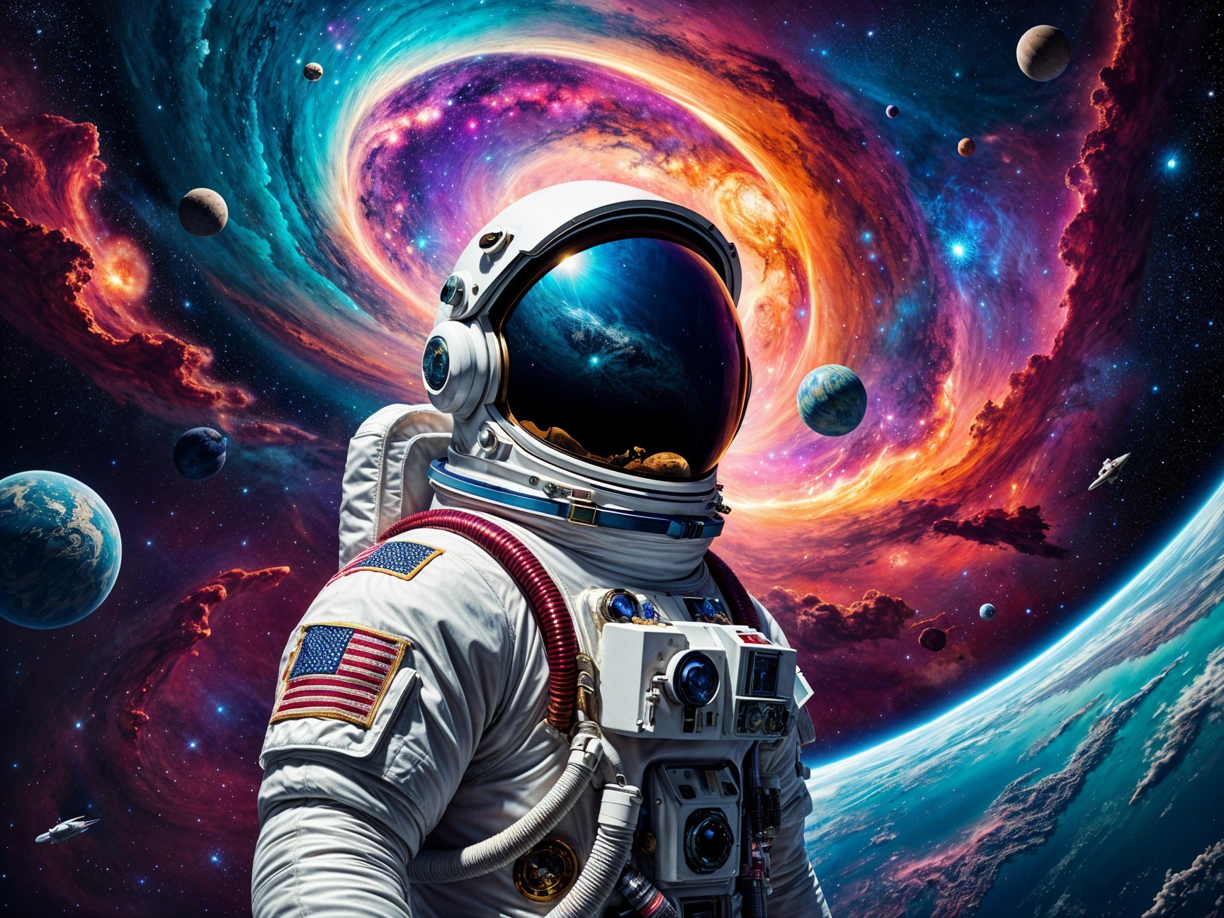 Astronaut in Space with Galaxies and Nebulae Background