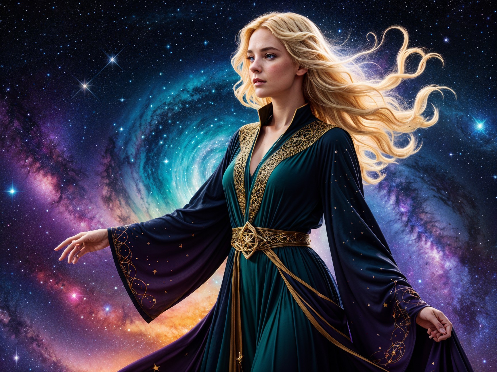 Serene Figure in Cosmic Background with Elegant Gown
