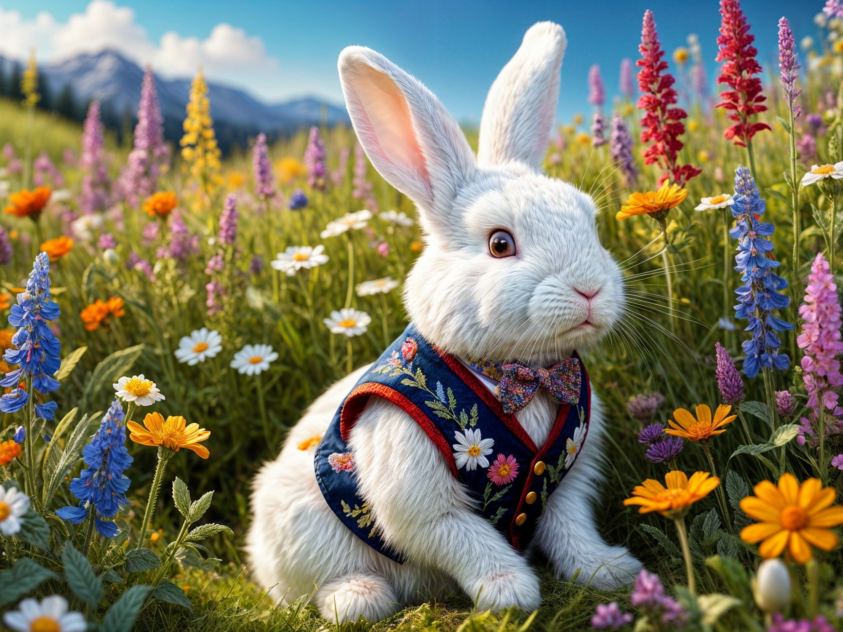 White Rabbit in Flower Field with Mountains Background