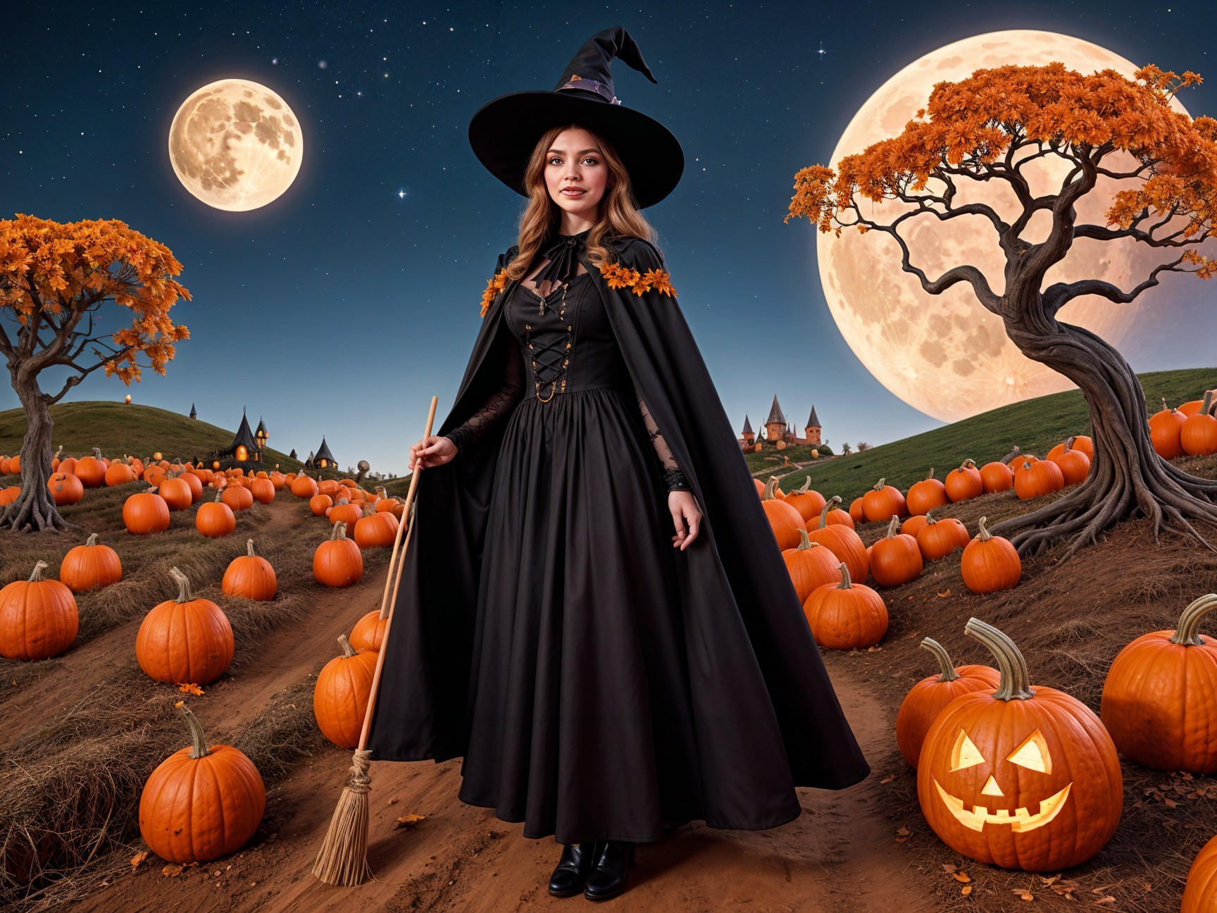 Witch in Pumpkin Patch Under Starry Sky with Moons