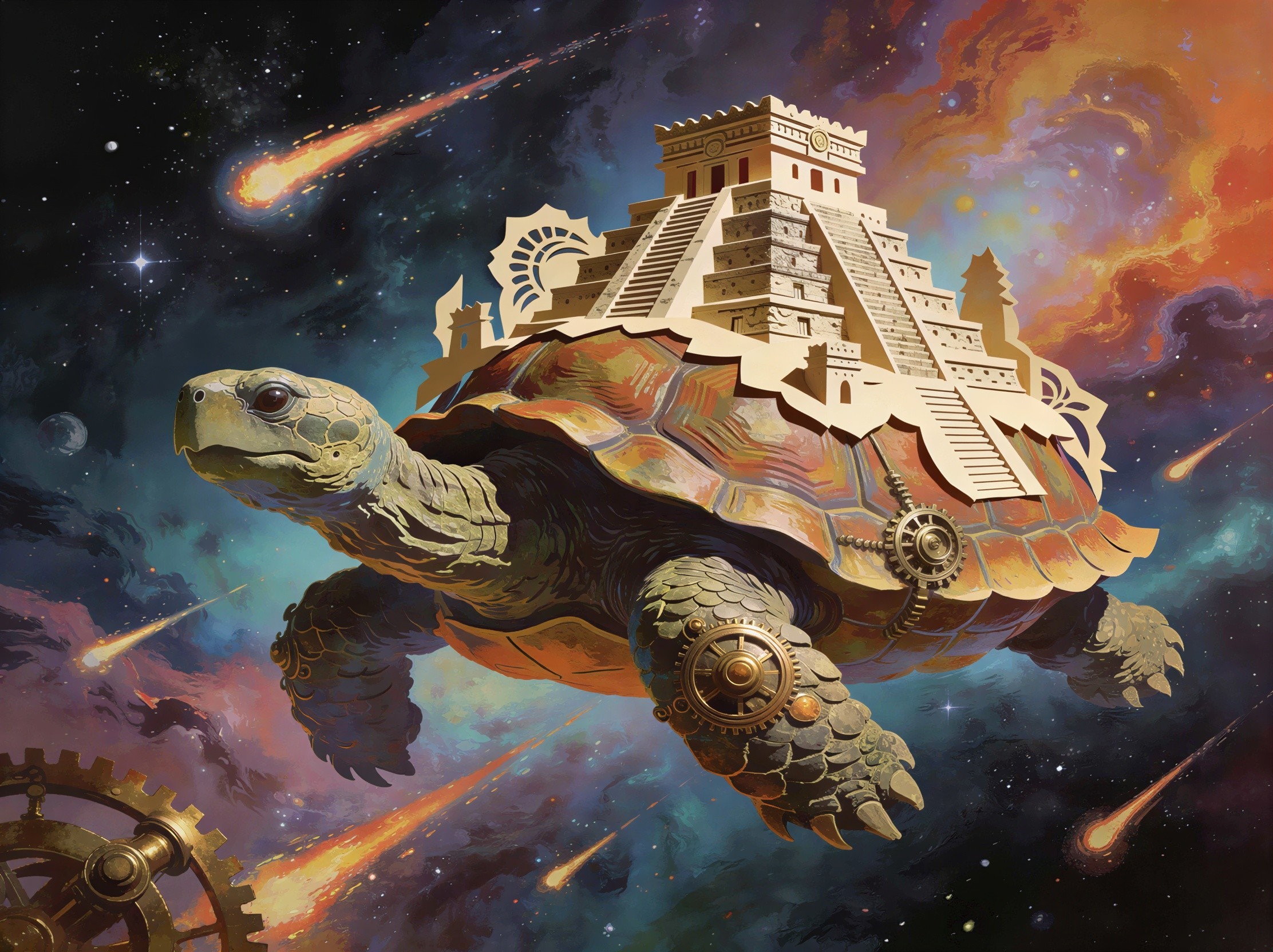 Steampunk Turtle with Mayan Temple in Galactic Scene