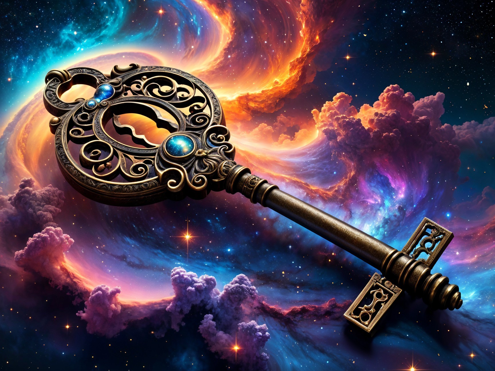 Ornate Key Against Vibrant Cosmic Background