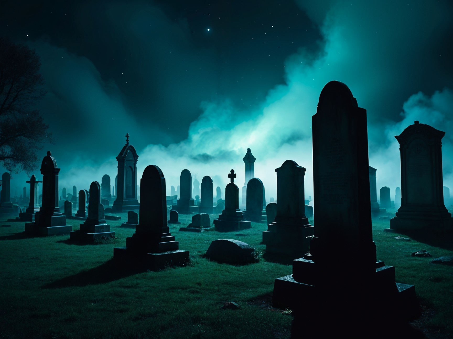 Misty Graveyard with Tombstones and Starry Sky