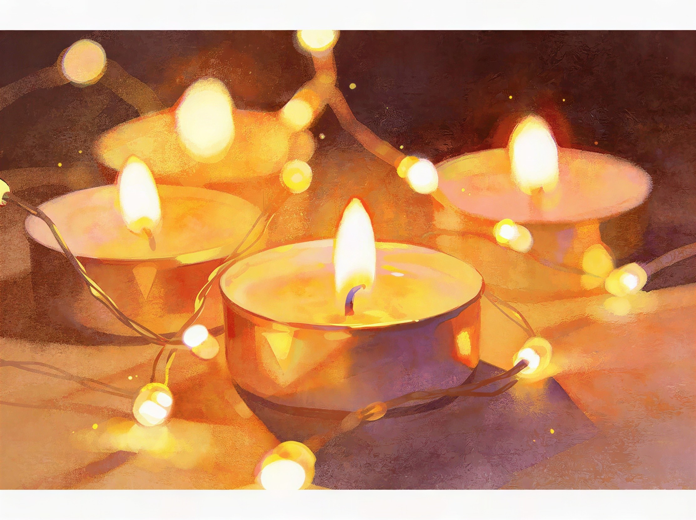 Digital painting of tea light candles with fairy lights