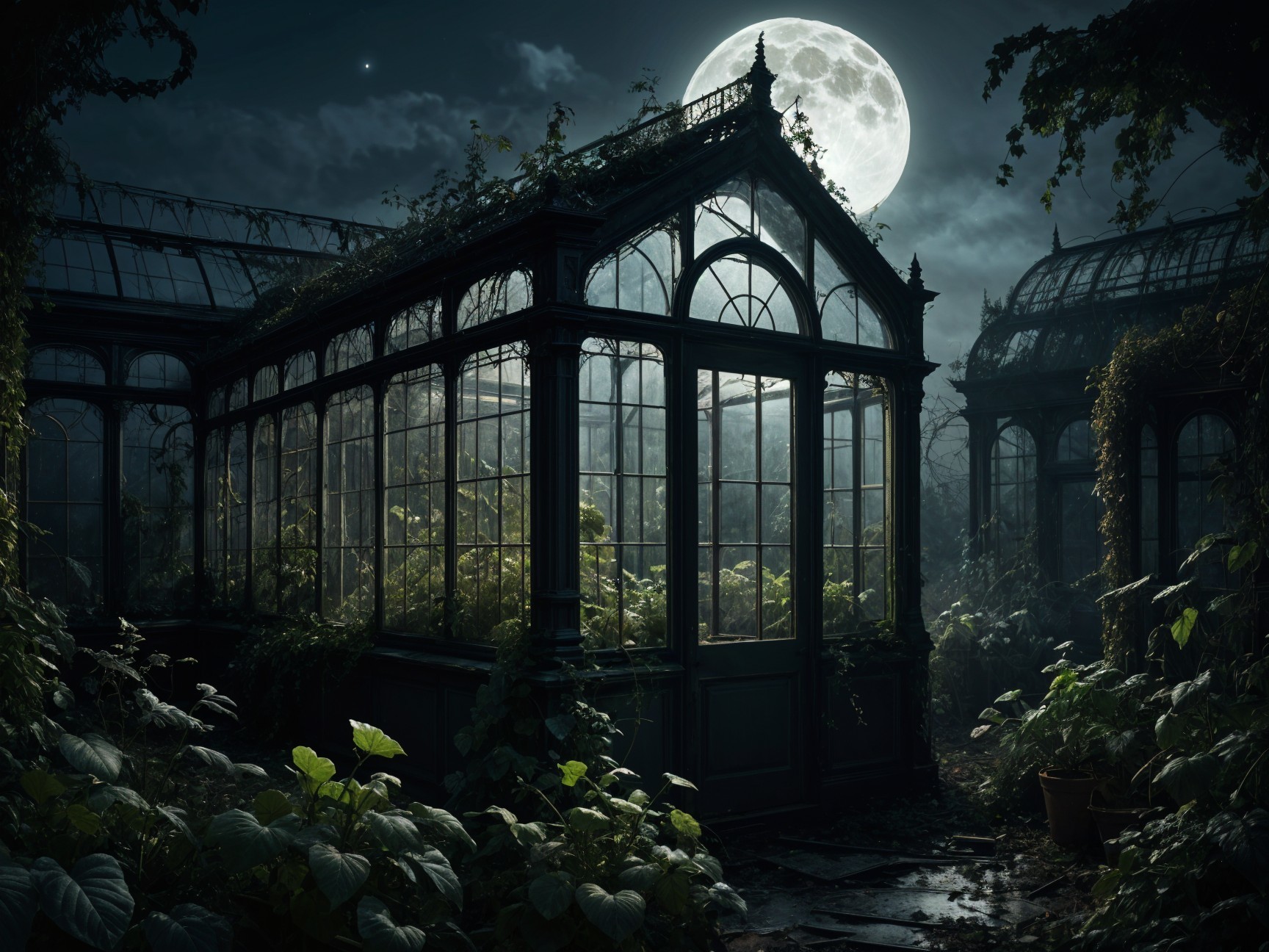 Mystical Greenhouse Under Full Moonlight with Vines