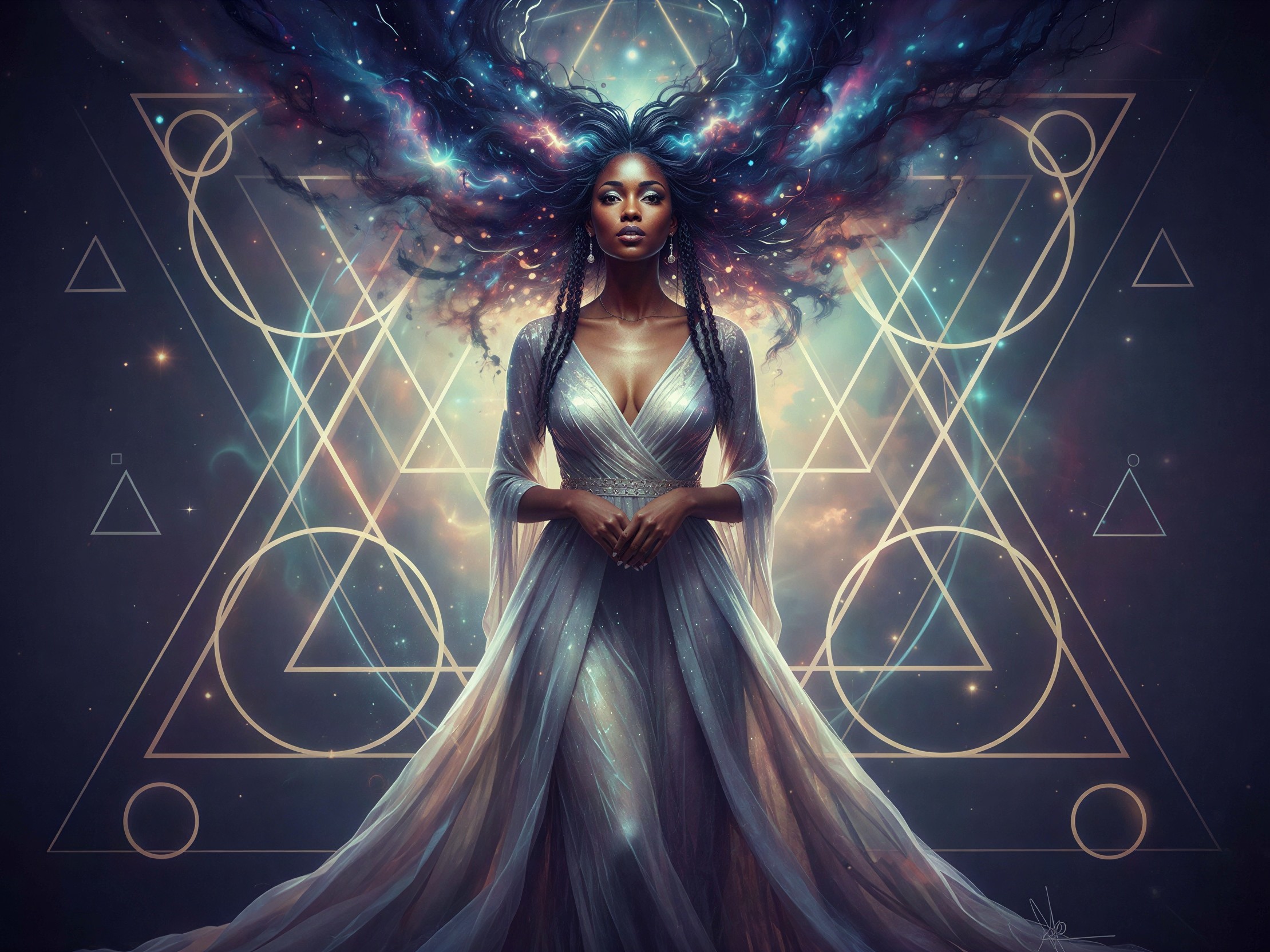 Cosmic African Goddess with Nebula Hair and Dress