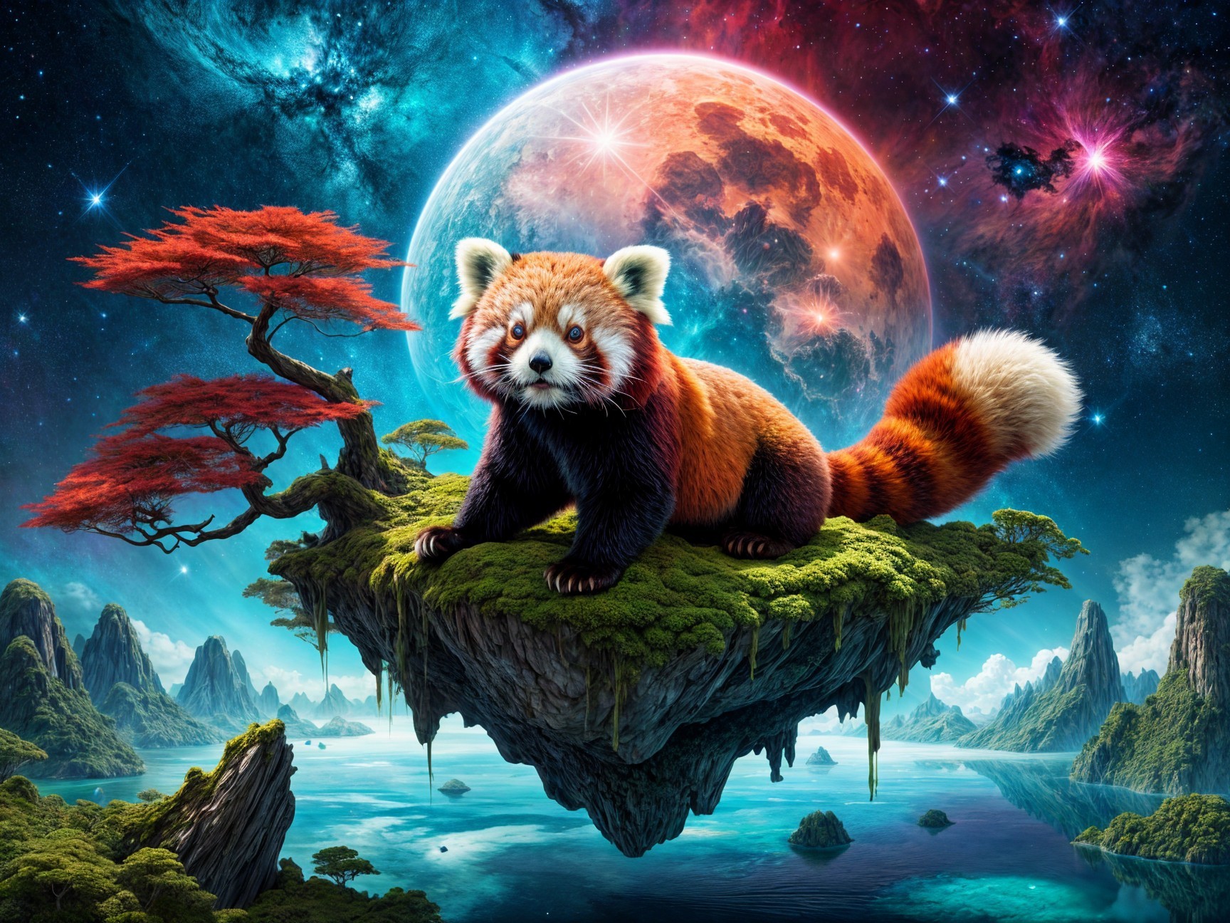 Red Panda on Floating Island with Cosmic Backdrop