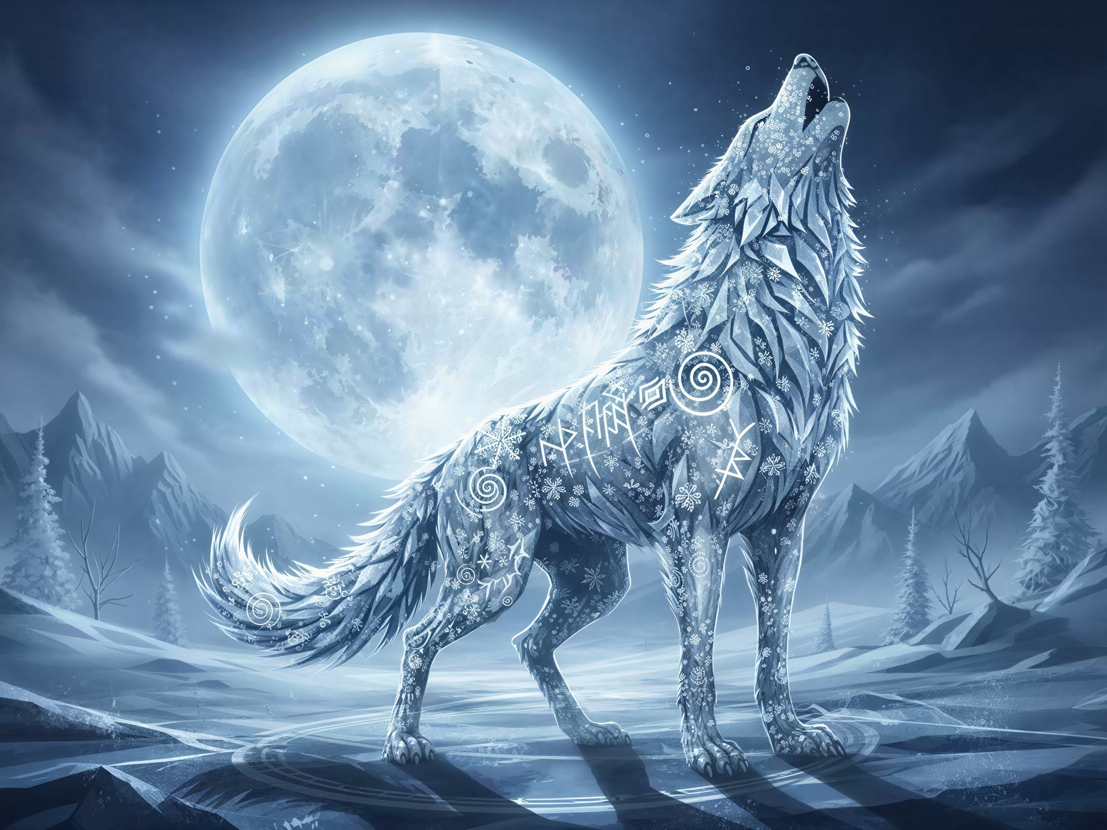 Mystical Ice-Encrusted Wolf Howling at Full Moon