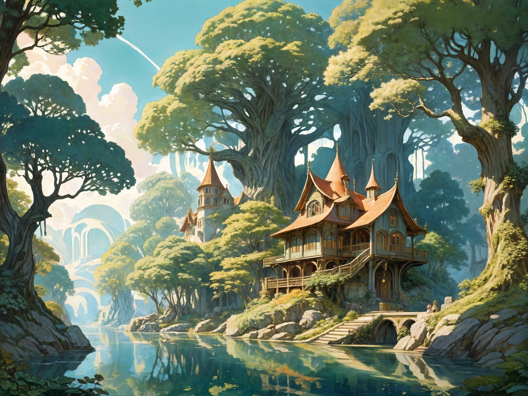 Whimsical Landscape with Charming Wooden House and River