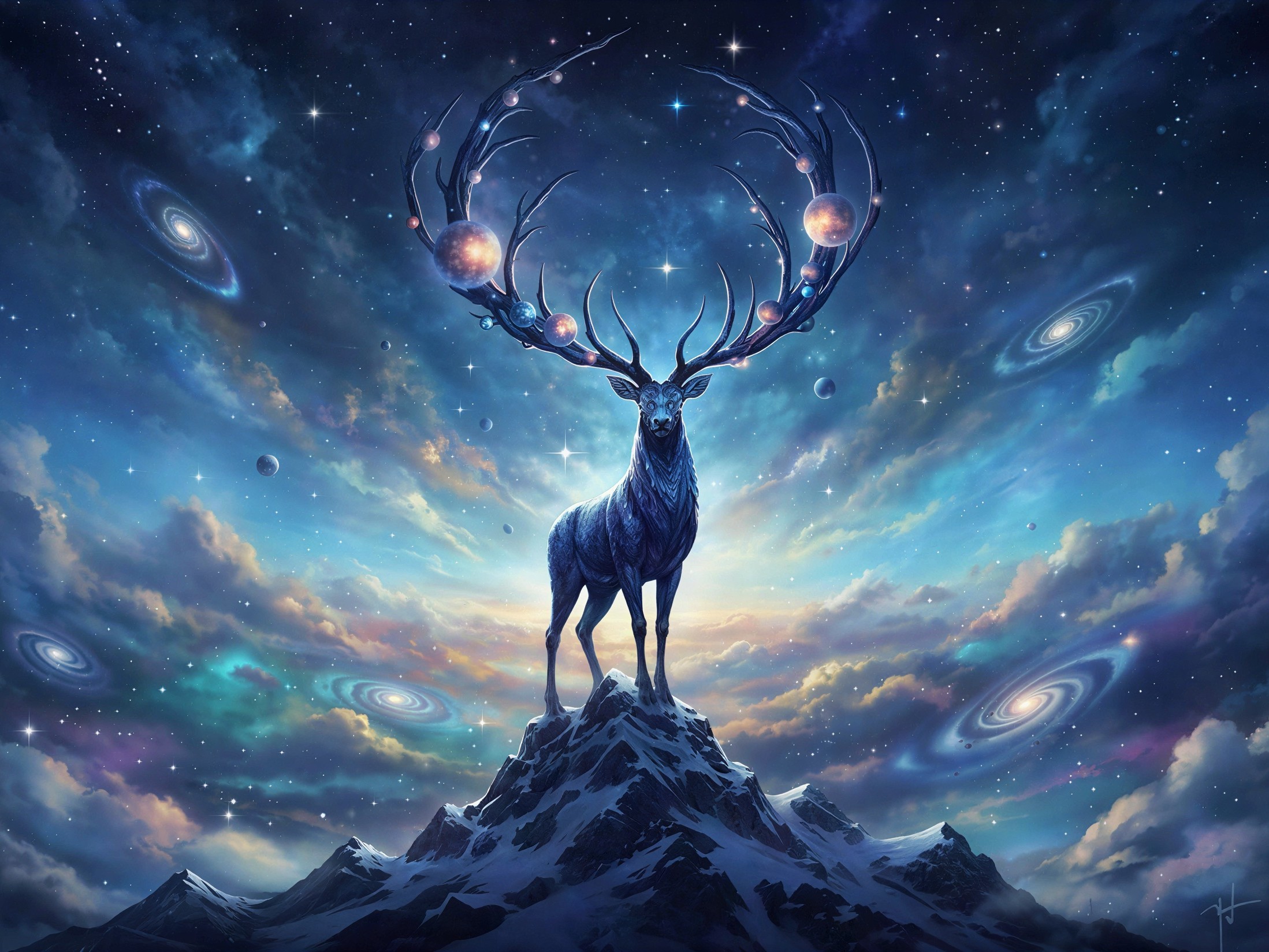 Cosmic Deer on Snowy Peak Under Starry Sky