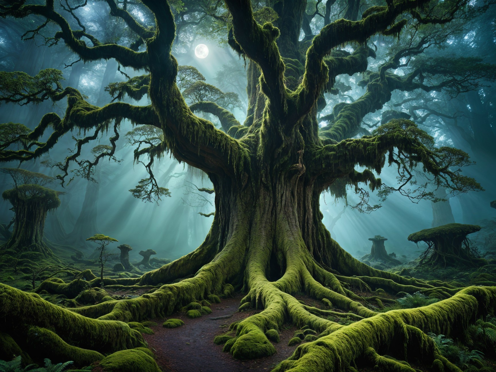 Ancient Tree in Enchanted Misty Forest Setting