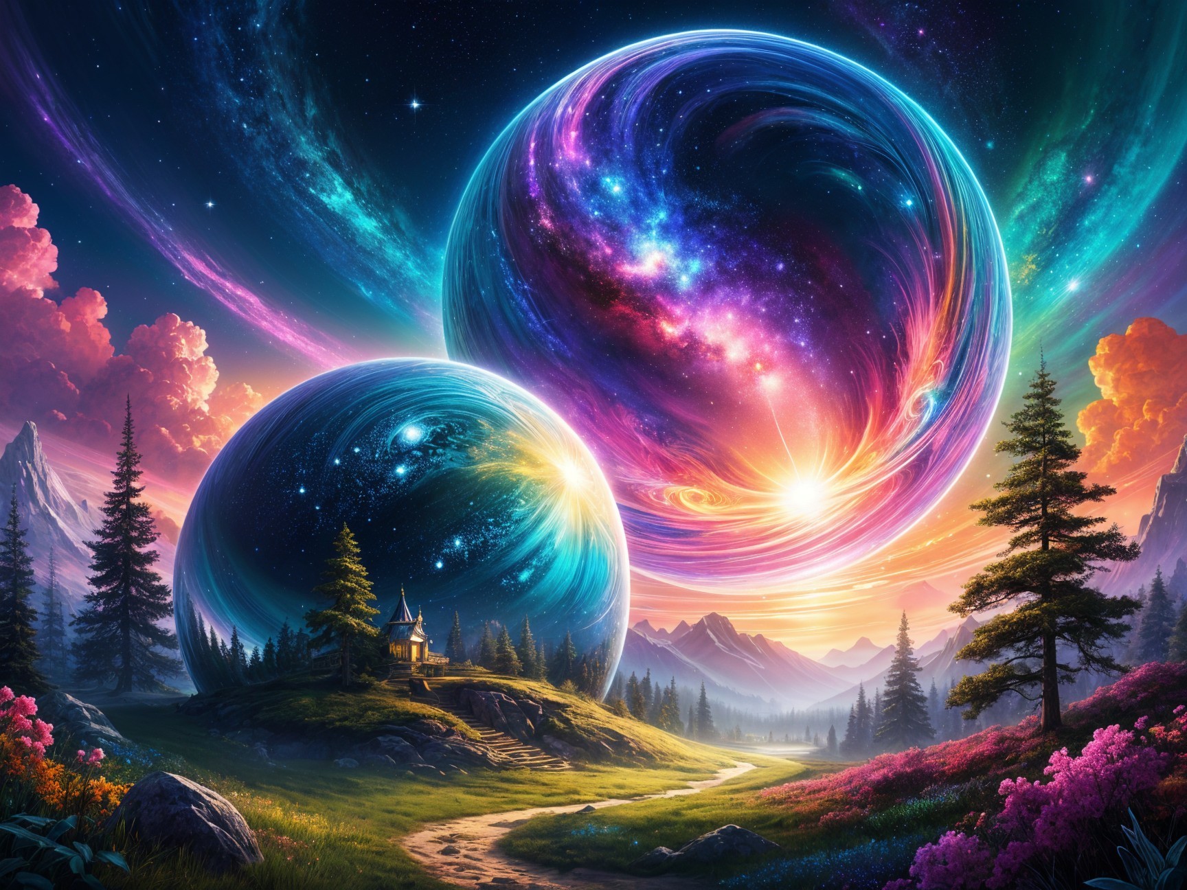Cosmic Landscape with Vibrant Orbs and Lush Nature