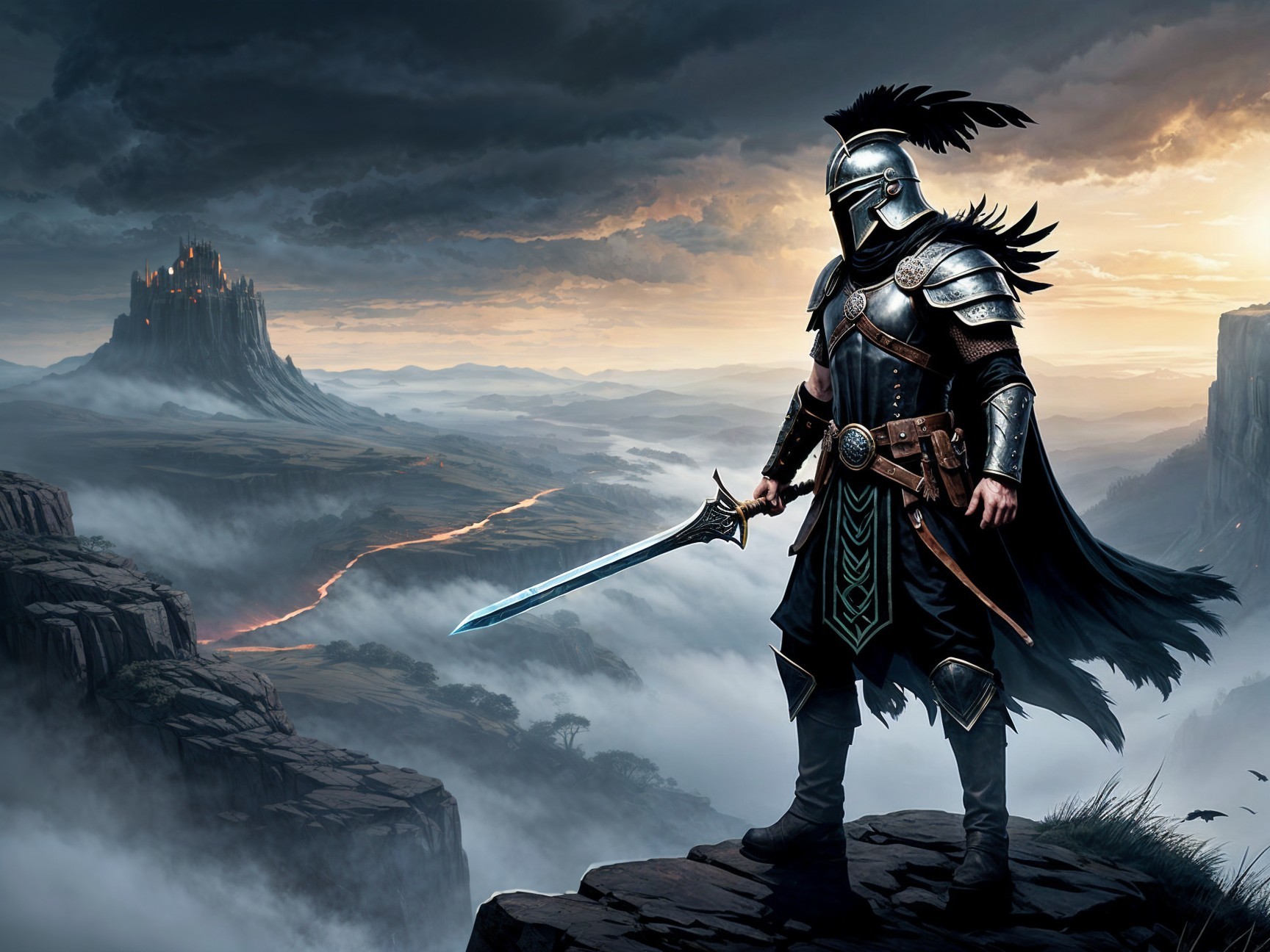 Knight in Armor Overlooking Misty Landscape and Castle