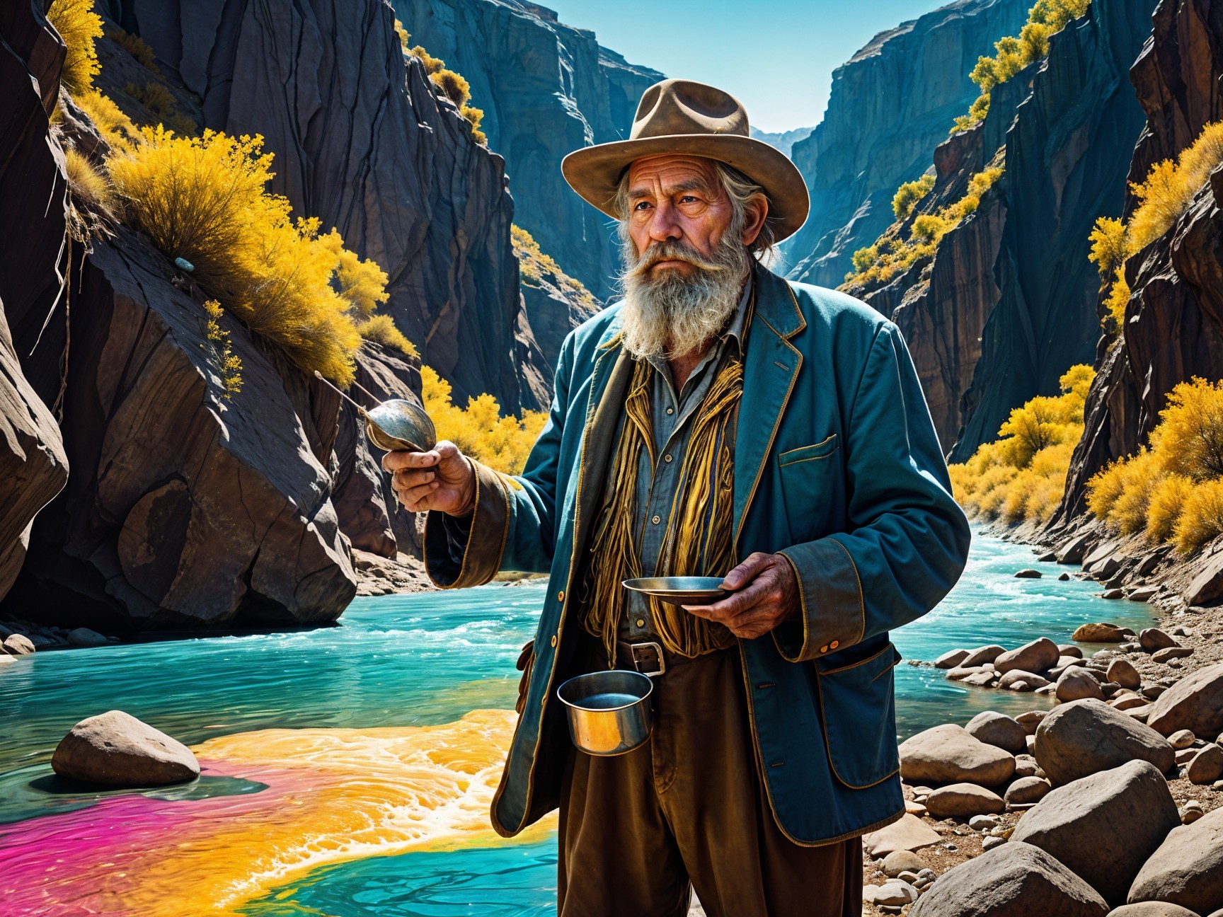 Elderly Man Collecting from Colorful Canyon River