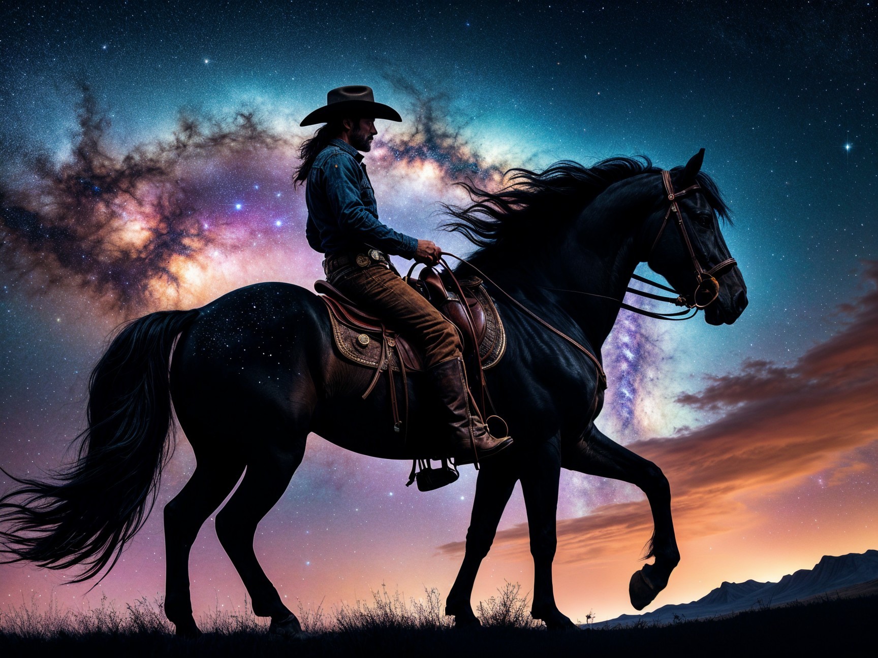 Cowboy on Black Horse Against Cosmic Background