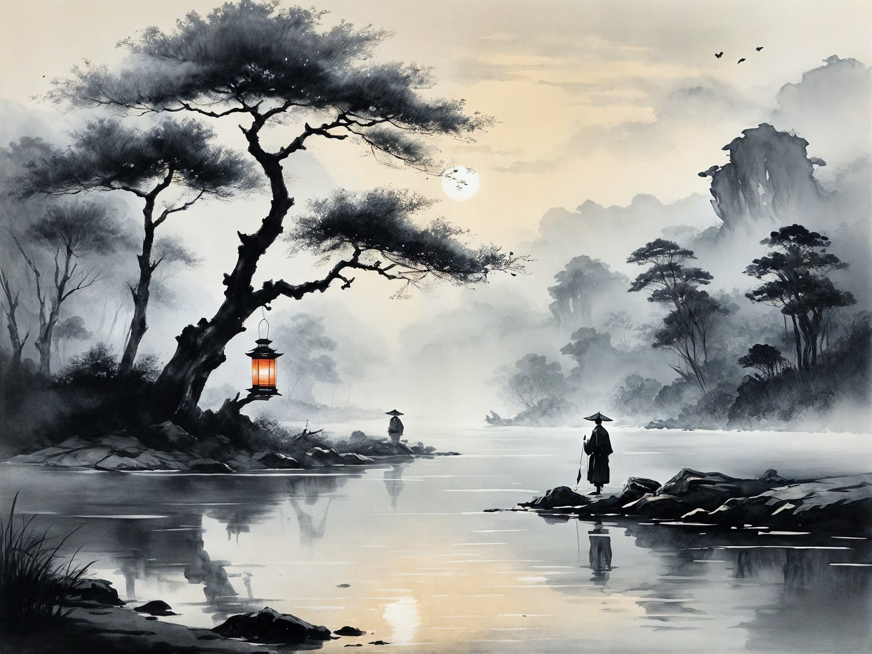 Monochromatic Landscape with River and Figures