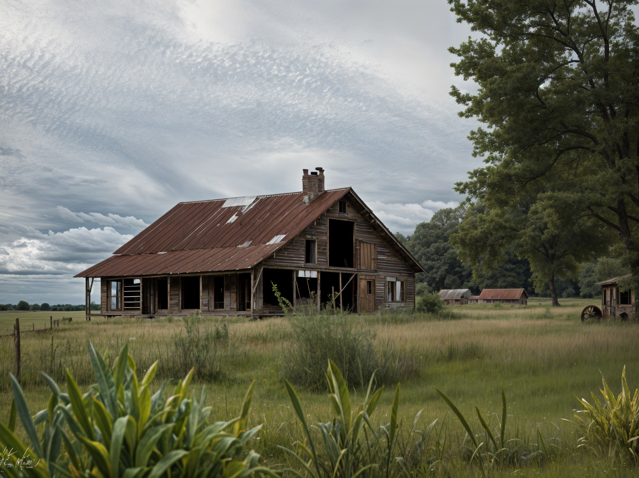 Old Barn in Green Field Surrounded by Trees and Grasses