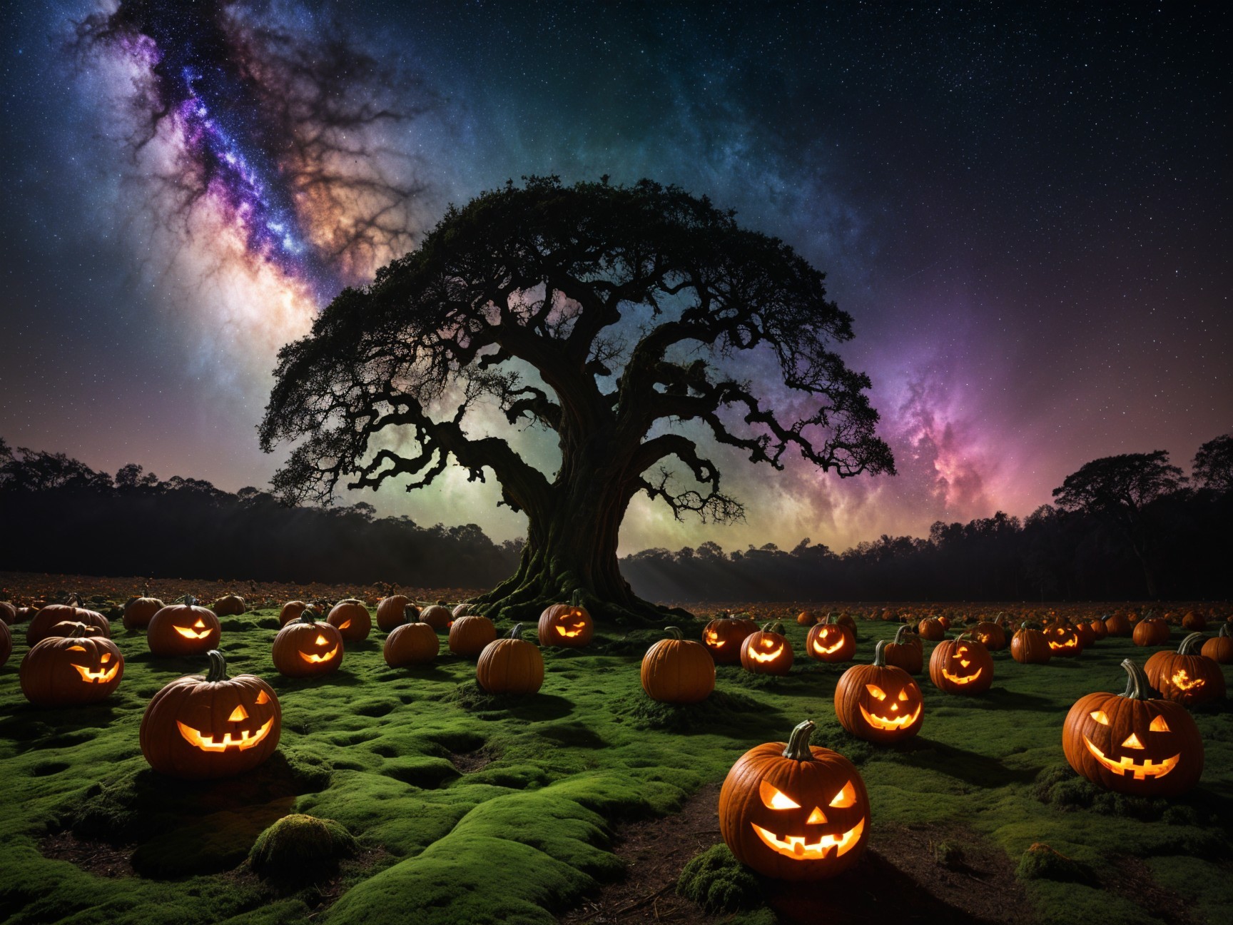 Grand Tree and Carved Pumpkins Under Starry Sky